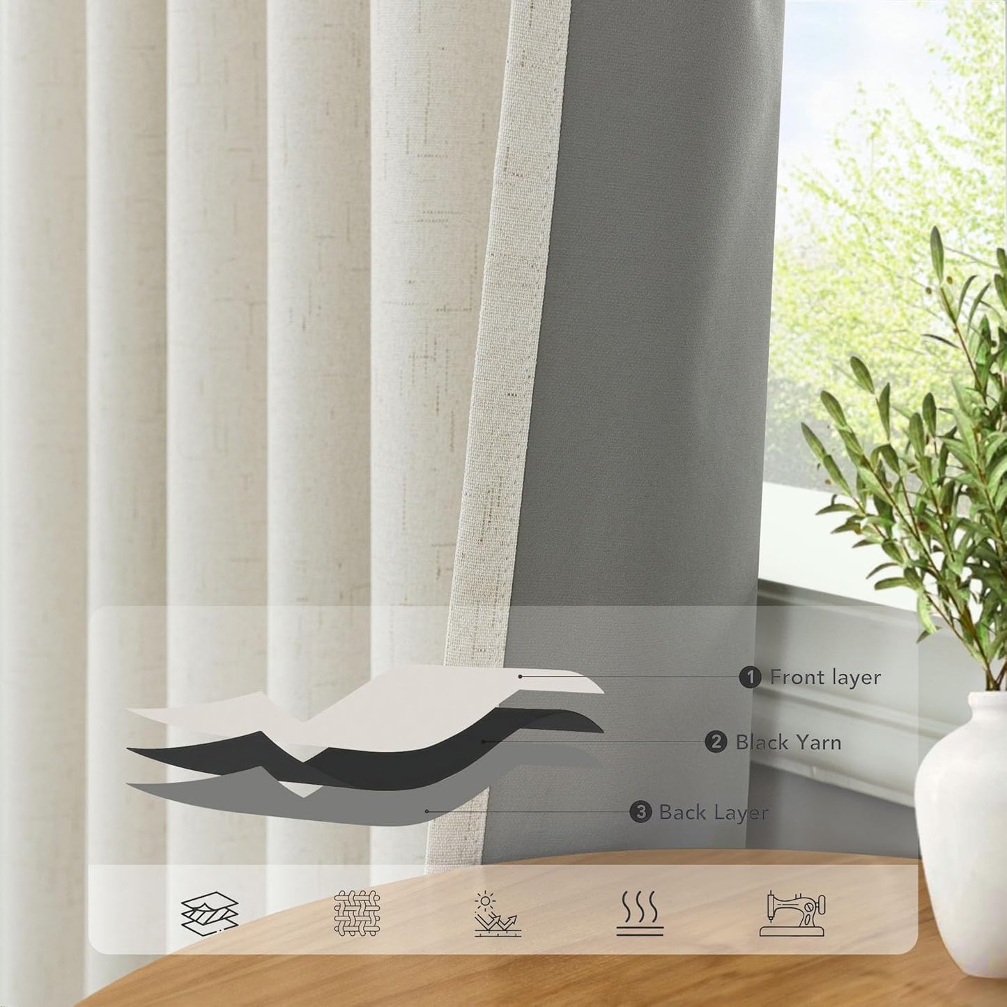Pitalk Curtains for Living Room 90 Inch Long Blackout Linen Boho Black Out Insulated Thermal Curtains for Winter Sliding Glass Patio Doors 2 Panels Set Pleated Back Tab 42 x 90 in Length Ivory Cream