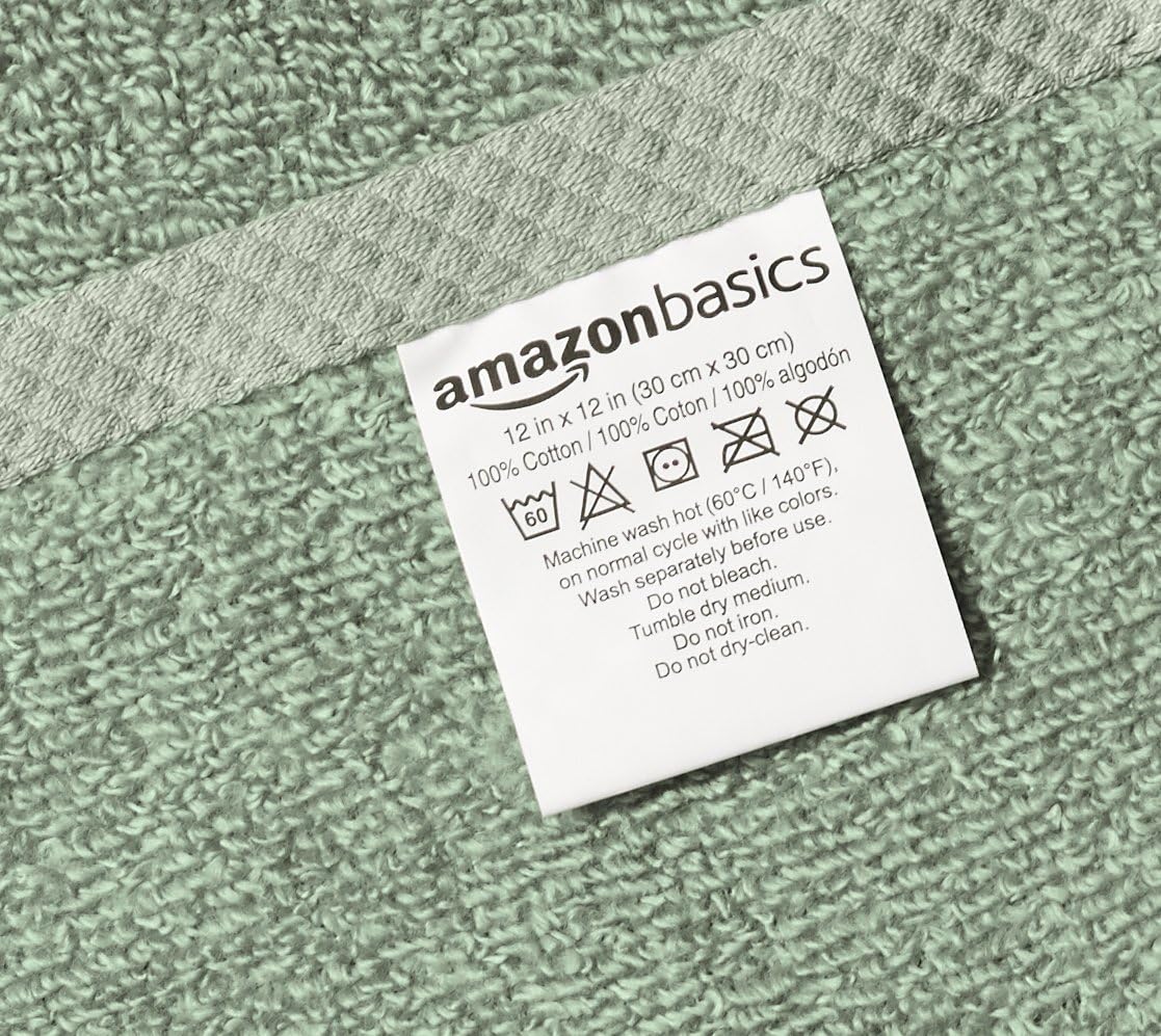 Amazon Basics Cotton Washcloths, Quick-Dry, 12" x 12", 12-Pack, Seafoam Green