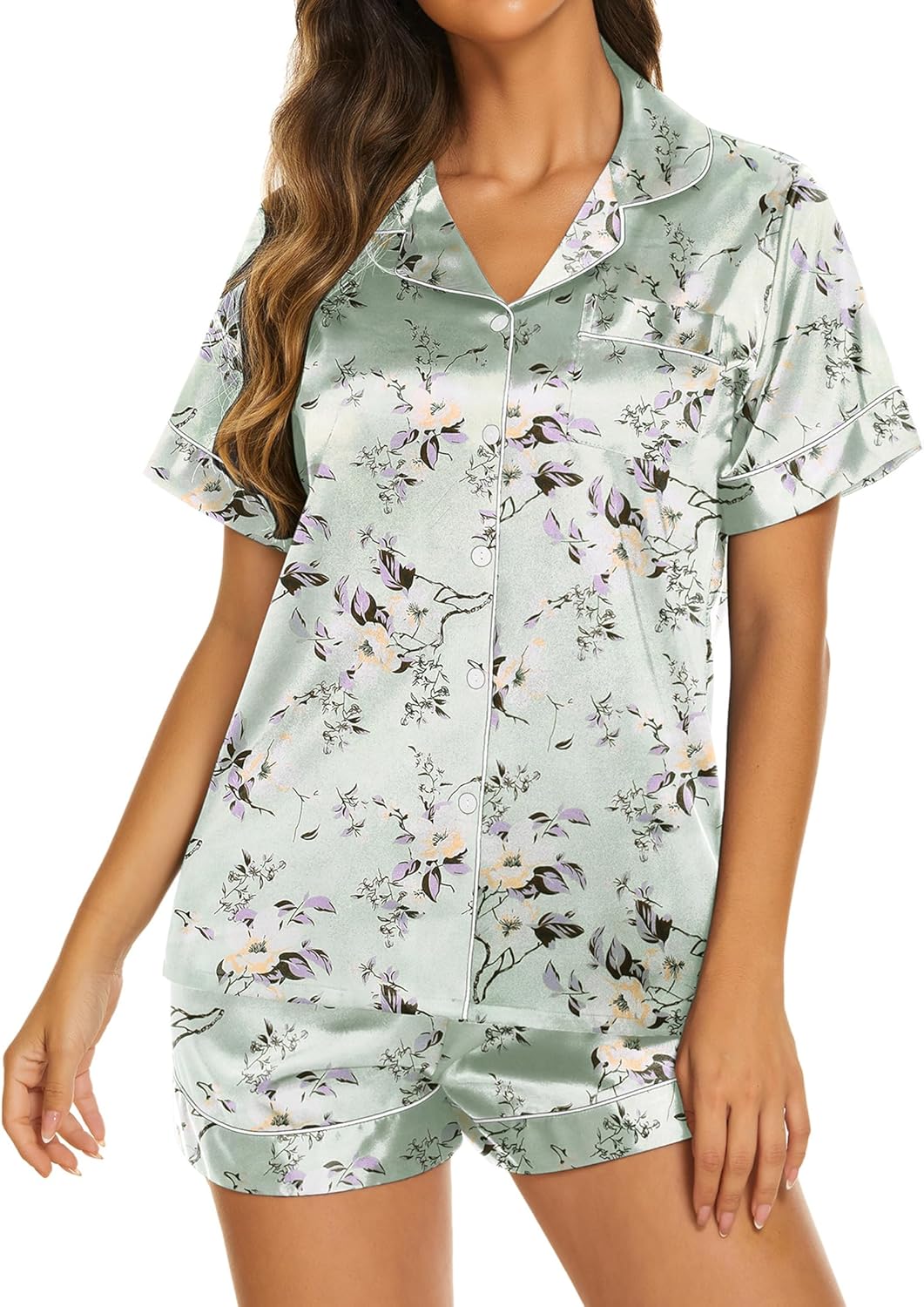 Ekouaer Pajamas for Women Set Silk Satin Pjs Shorts Sleepwear 2 Piece Loungewear S-XXL