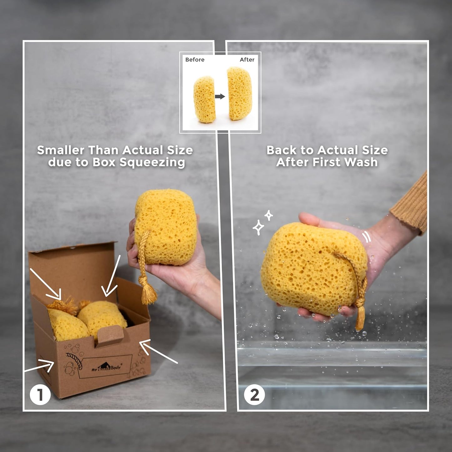 myHomeBody Bath Sponge, Foam Loofah, Body Scrubber for Bathing, Exfoliating Shower Pouf for Shower – Large Size, Lots of Lather, Square, 2 Pack