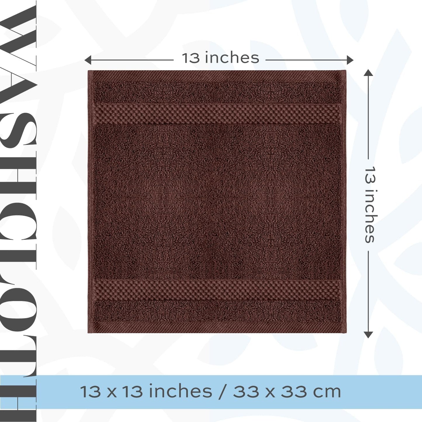 White Classic Luxury Cotton Washcloths 13x13 Inch - 650 GSM Turkish Cotton | Hotel, Spa, Bathroom Face Towel | 12 Pack, Brown