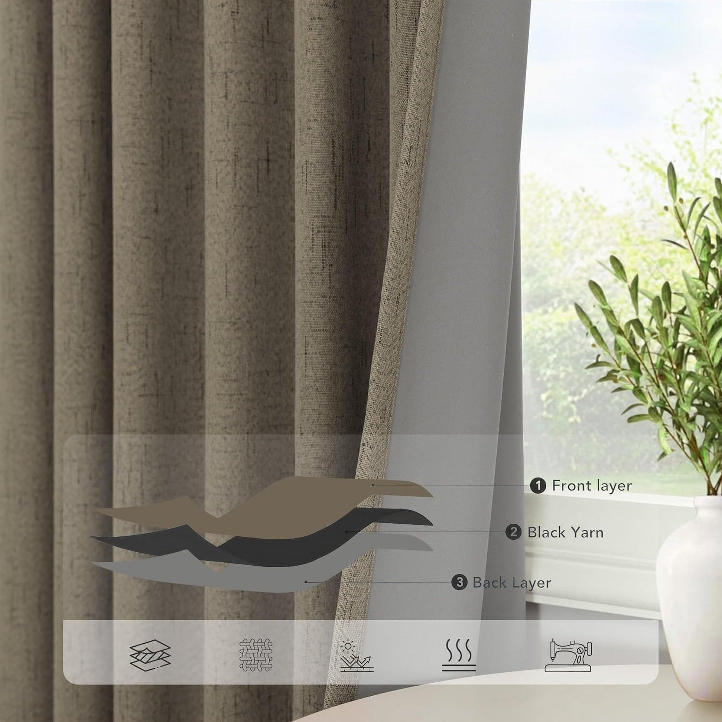Linen Brown Curtains for Bedroom 84 Inch Long 2 Panel Burg 100% Blackout Back Tab Pleated Look Drape Light Blocking Thermal Insulated Burlap Farmhouse Black Out Curtain for Living Room 52x84 in Length