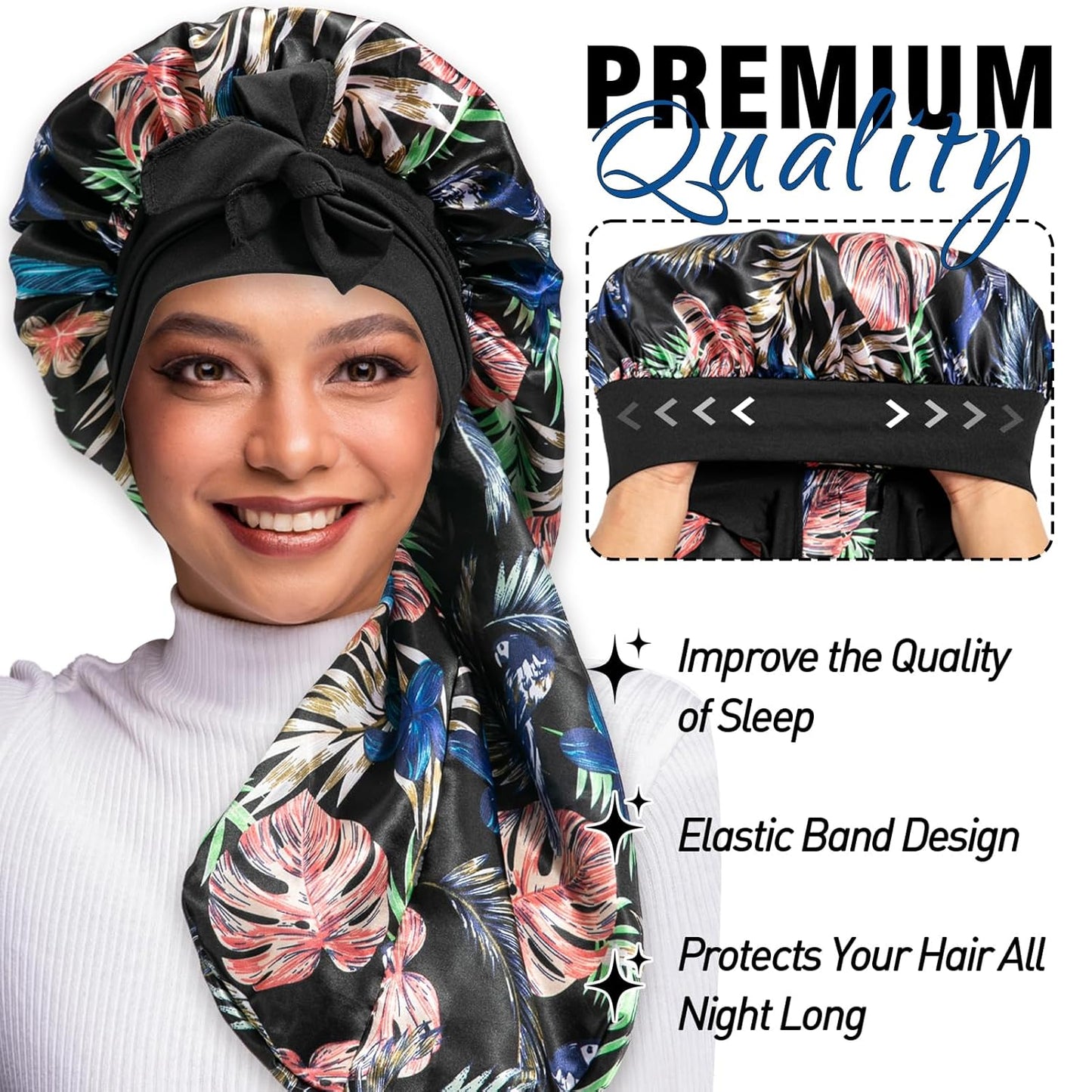 3Pcs Bonnets for Black Women Braid Bonnet, Large Long Satin Bonnet for Braids, Black Women Satin Silk Bonnet with Stretchy Tie Band Sleep Bonnet Cap for Long Curly Hair (Black & Black Pattern & Pink)