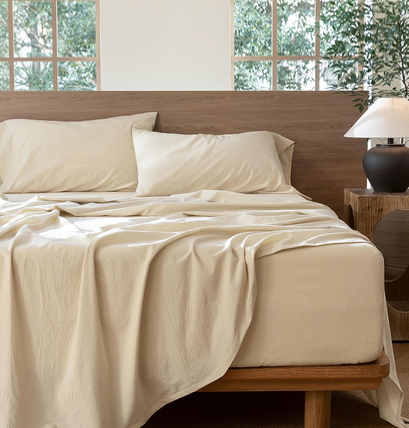 MooMee Bedding Sheet Set 100% Washed Cotton Linen Like Textured Breathable Durable Soft Comfy (Heathered Almond Milk Grey, California King)