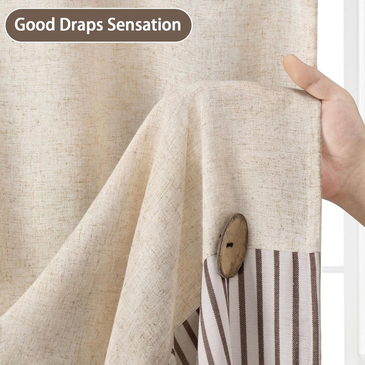 Farmhouse Shower Curtain Linen Beige Button Woven Fabric Country Rustic Western, Pleated Brown Stripe 72" W x 78" L