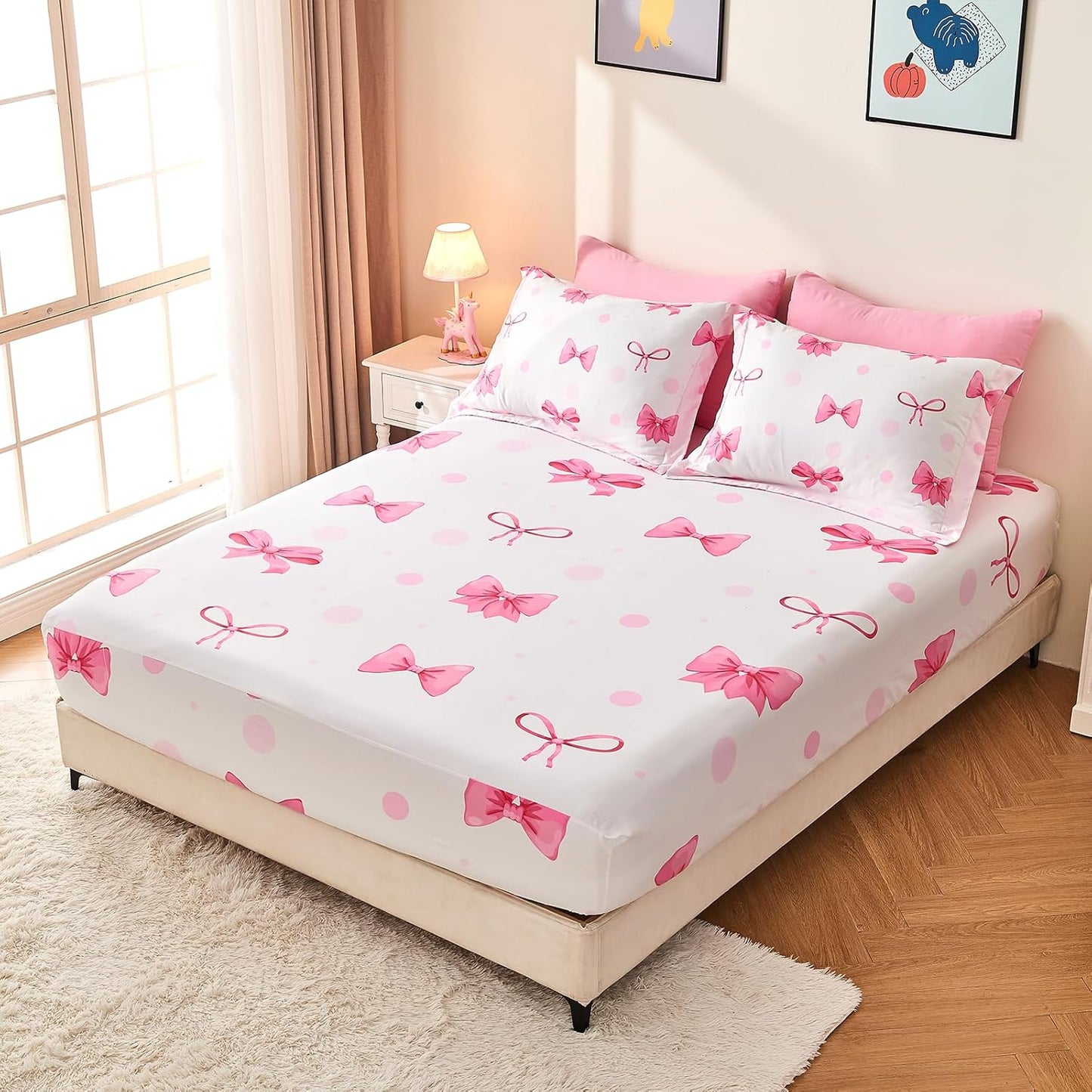 Wajade 7 Piece Pink Bow Bedding Set for Girls Kids Full Size Comforter Set with Sheet and 2 Pillowcases 2 Pillow Shams Cute Girls Bed in a Bag as Birthday Choice