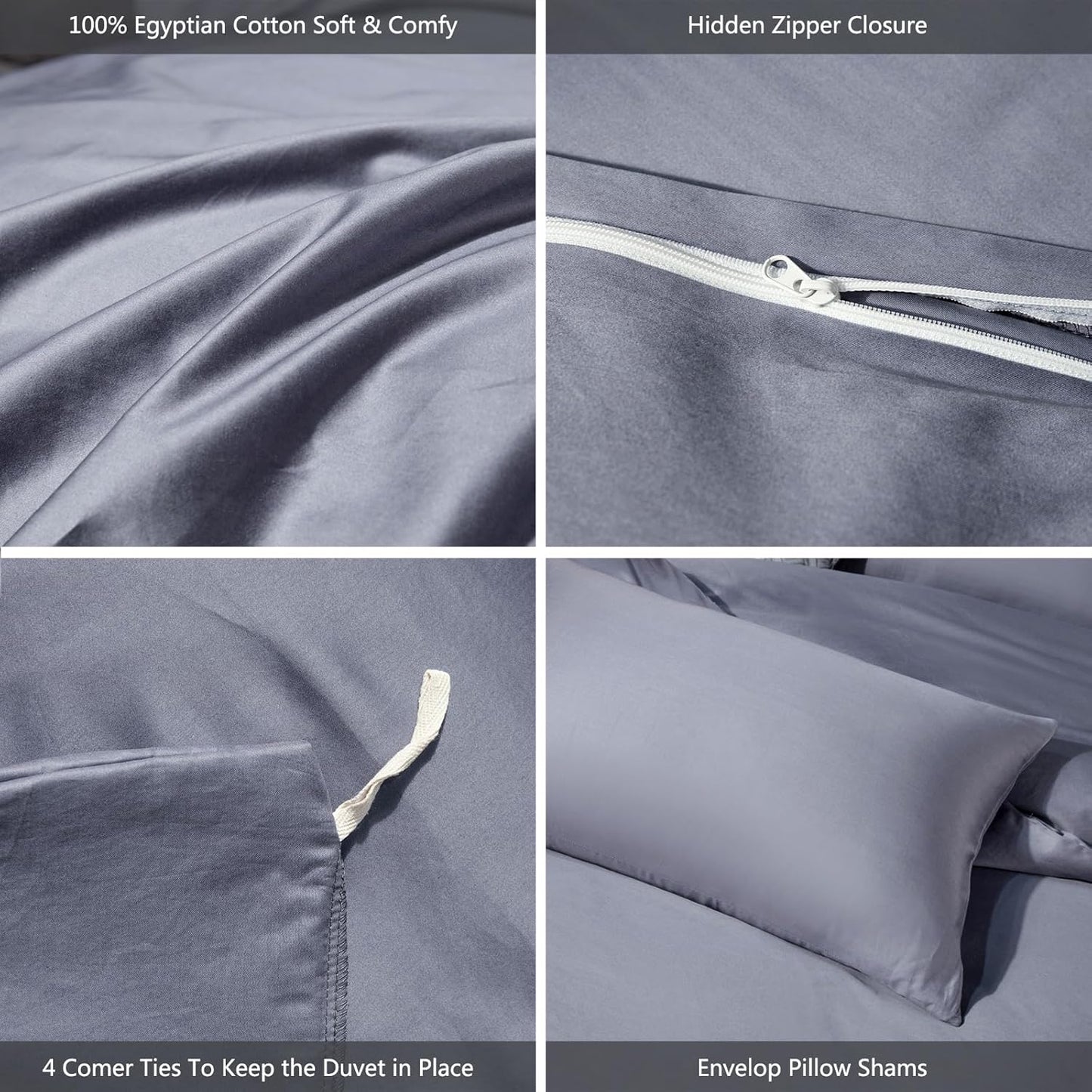 MooMee Duvet Cover Set 100% Extra Long Staple Cotton 600 Thread Count Silky Sateen Smooth Luxury Soft Breathable Durable Hotel Quality Bedding, 3 Pieces (Blueish Grey, King 104"x90")
