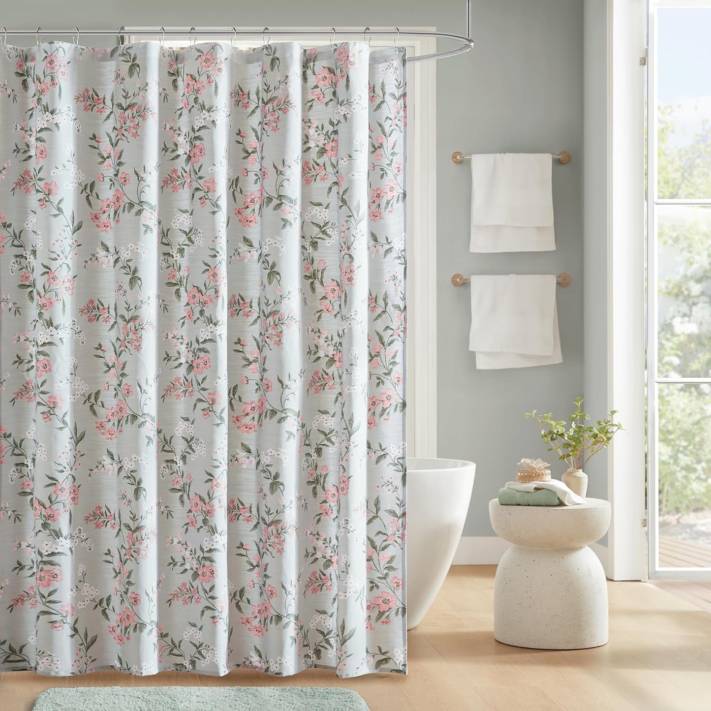 Martha Stewart Meadow Floral Shower Curtain, Cotton-Rich Slub Texture, Timeless Garden Design, Classic to Modern Farmhouse Bathroom Decor, Machine Washable 72"x84", Green