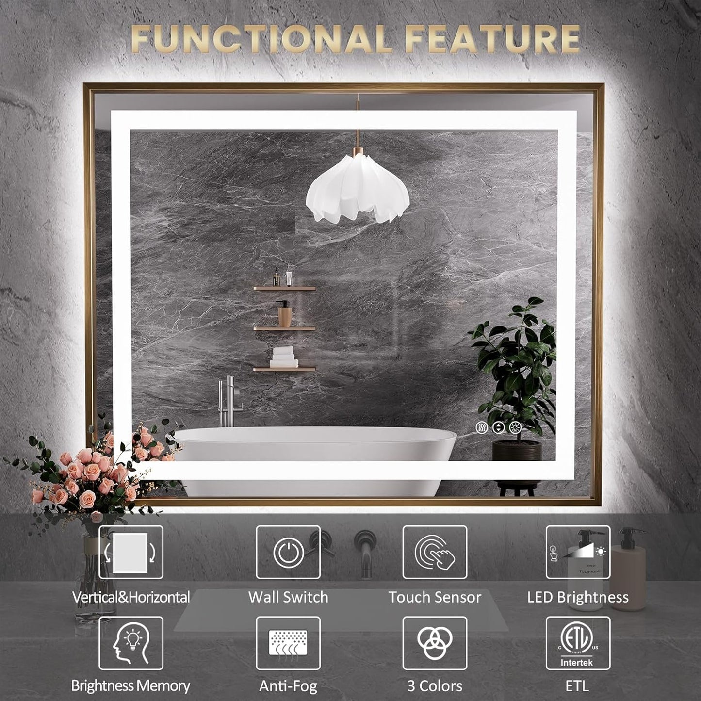 Amorho 40"X36" LED Bathroom Mirror Gold, Metal Framed Mirror with Front Light and Backlit, Stepless Dimmable, Anti-Fog, Shatter-Proof, Memory, 3 Colors