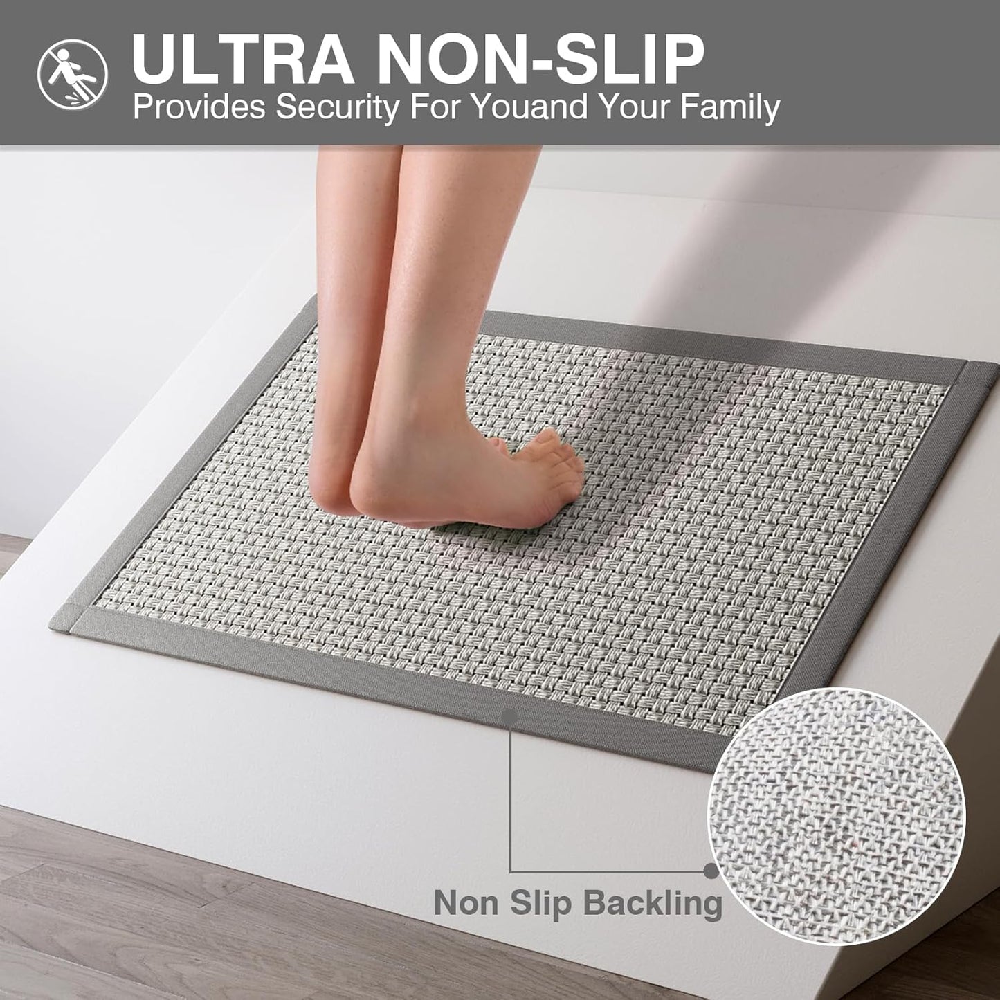 Ultra Thin Quick Dry Bathroom Rugs Mat 24x35, Non Slip Bath Mat Absorbent Bathroom Mat Floor Rubber Backed Fit Under Door, Woven Washable Bath Rugs, Gray