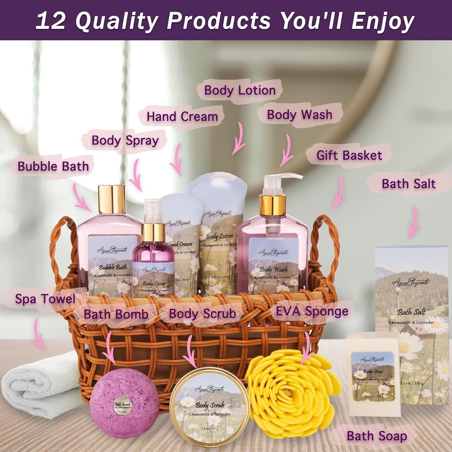 Spa Baskets For Women - Luxury Bath Set With Lavender & Chamomile - Spa Kit Includes Wash, Bubble Bath, Lotion, Bath Salts, Body Scrub, Body Spray, Shower Puff, Bathbombs, Soap and Towel