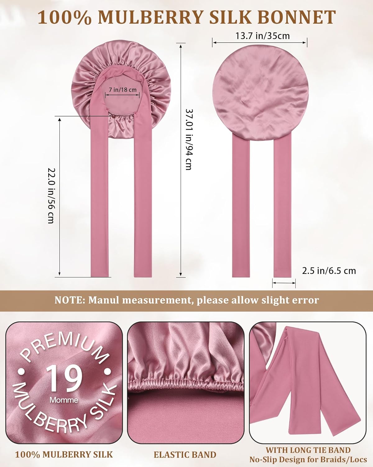 AWAYTR Mulberry Silk Bonnet for Sleeping - Silk Sleep Bonnet with Tie Band for Curly Hair Men and Women (Rose Gold)