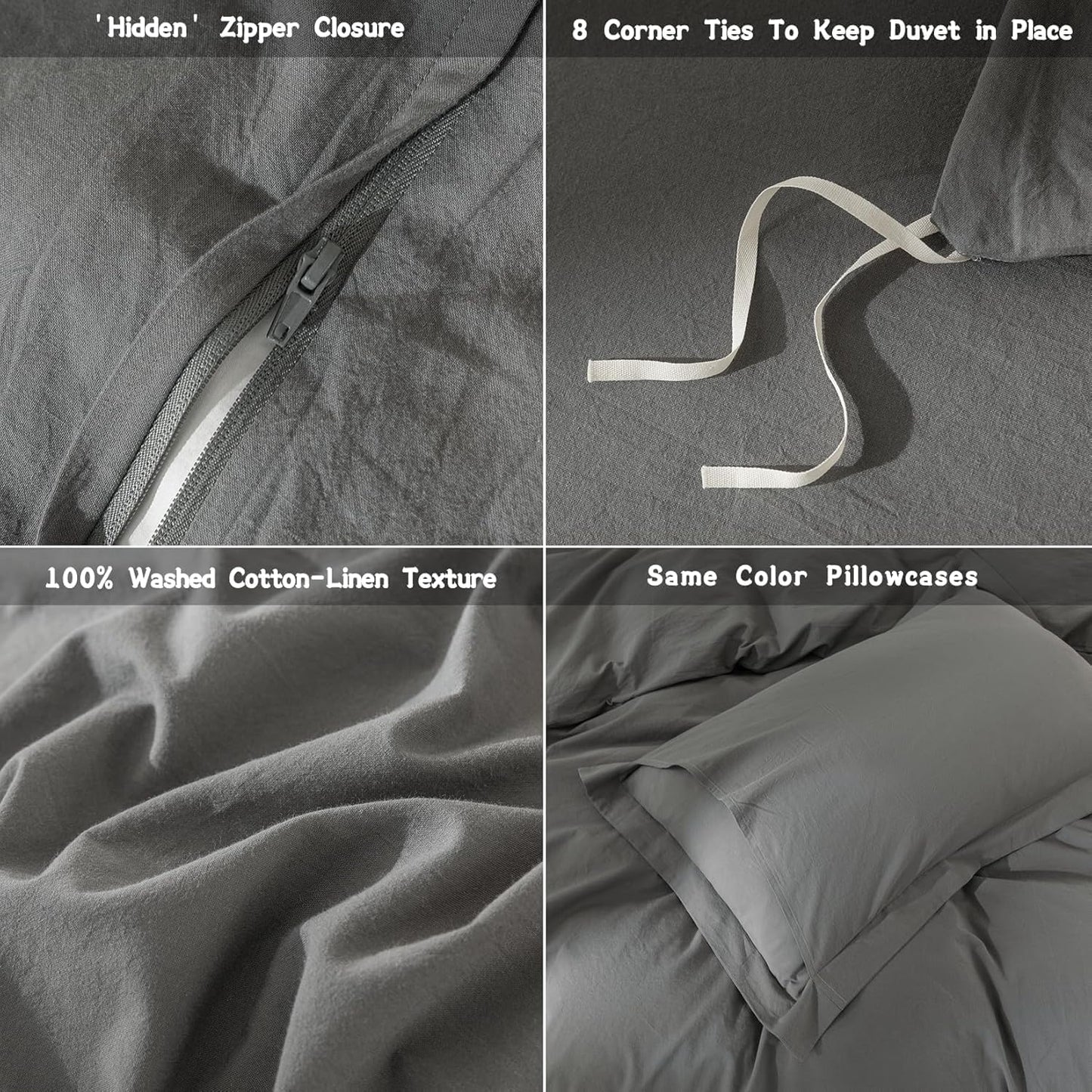 Dark Grey Duvet Cover Oversize Queen Size Bedding Set Cover 100% Washed Cotton Duvet Cover with Zipper Closure and 2 Pillowcases, 98inch x 98inch