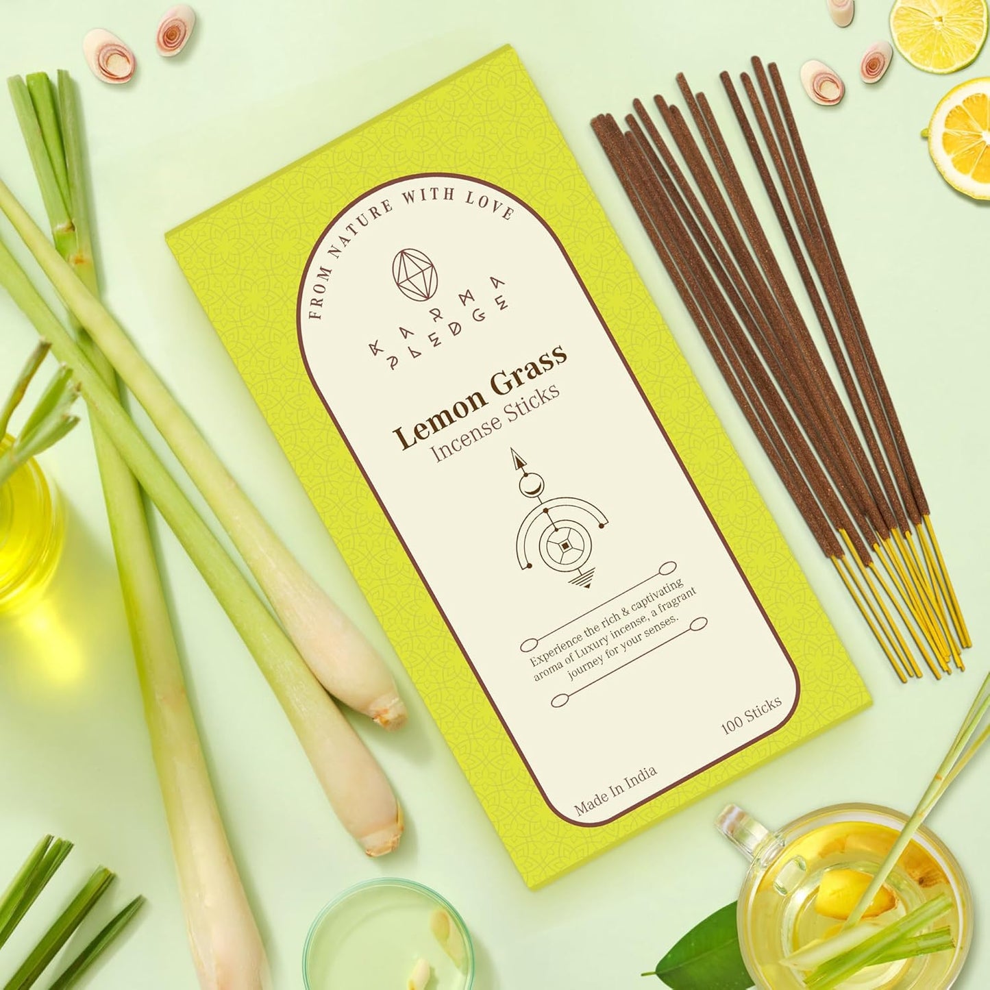 Lemon Grass Incense Sticks, Organic Hand Dipped 100 Sticks with Natural Herbs & Aromatic Ingredients, Burn Time 45 to 60 Minutes, Incense for Positivity, Yoga, Meditation, Relaxation, Spiritual Gift