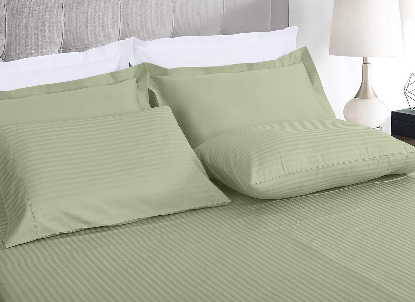 Threadmill 100% Cotton Sheets for Cal King Size Bed - 600 Thread Count Cal King Bed Sheets Set with 16” Deep Pocket - Damask Stripe Sateen Weave 4-Piece Bedding Set with Cooling Effect, Sage Green