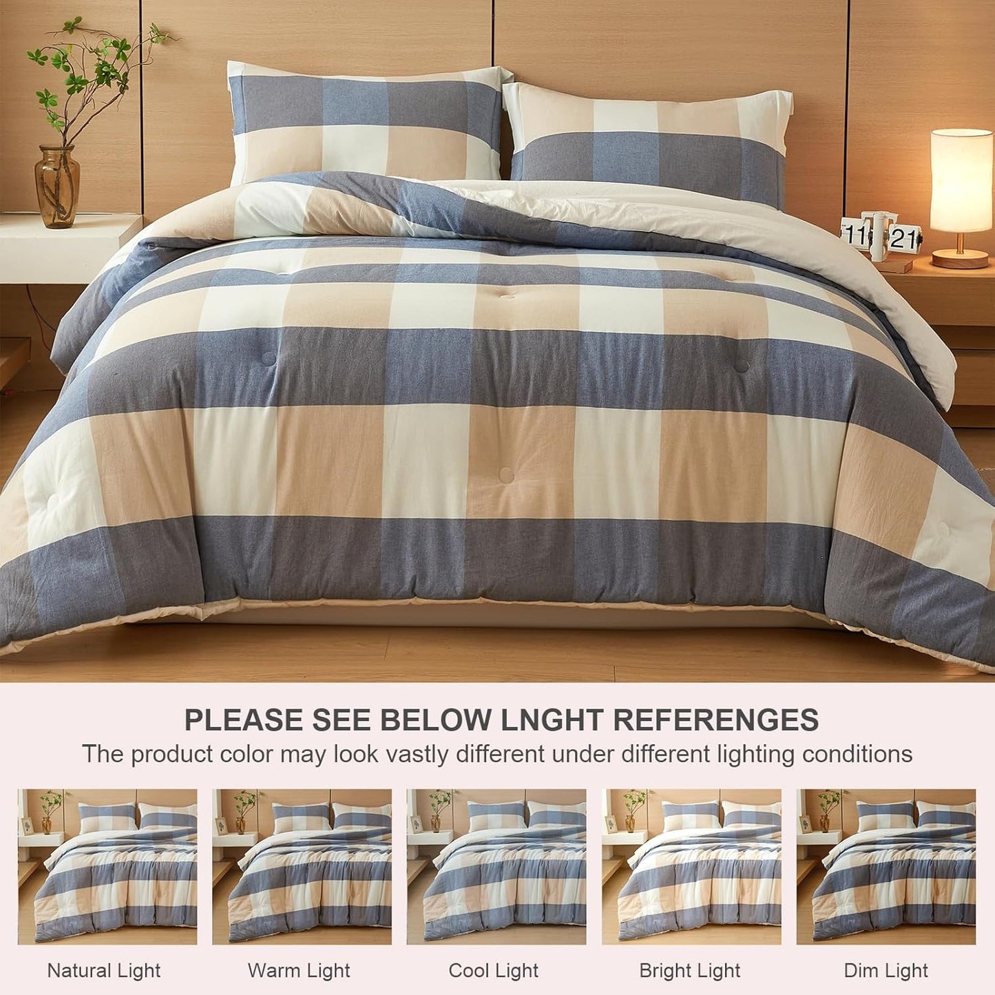 100% Cotton Comforter Set Full Size – Reversible Yarn-Dyed Checkered Design, Soft Washed Cotton on Both Sides, Lightweight All-Season Bedding, Machine Washable(Blue White Plaid, 80”x90”)