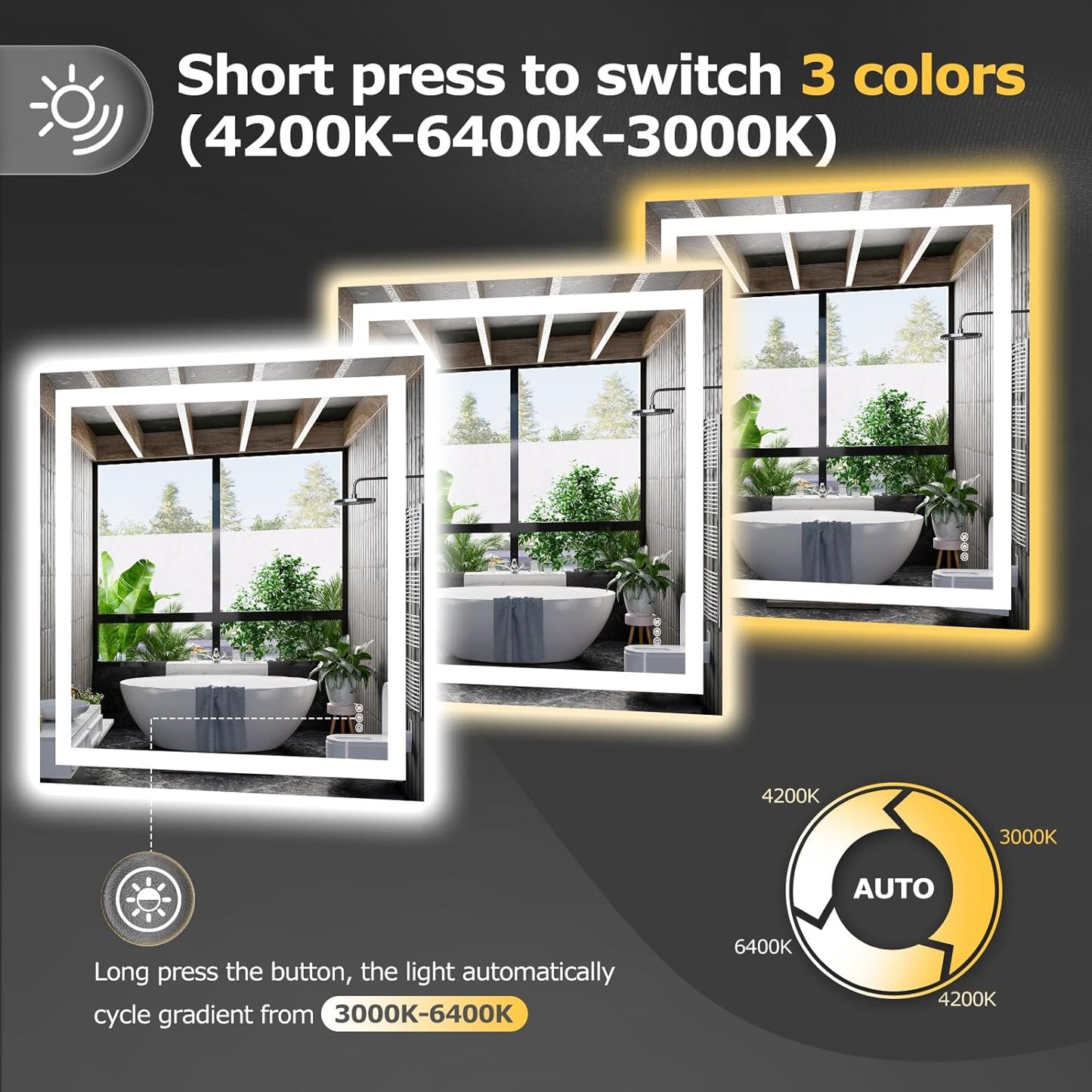 36X36 LED Bathroom Mirror with Lights, Anti-Fog, Dimmable, Backlit + Front Lit, Smart Bathroom Vanity Mirror, Memory Function, Shatterproof, Tempered Glass (Horizontal/Vertical)