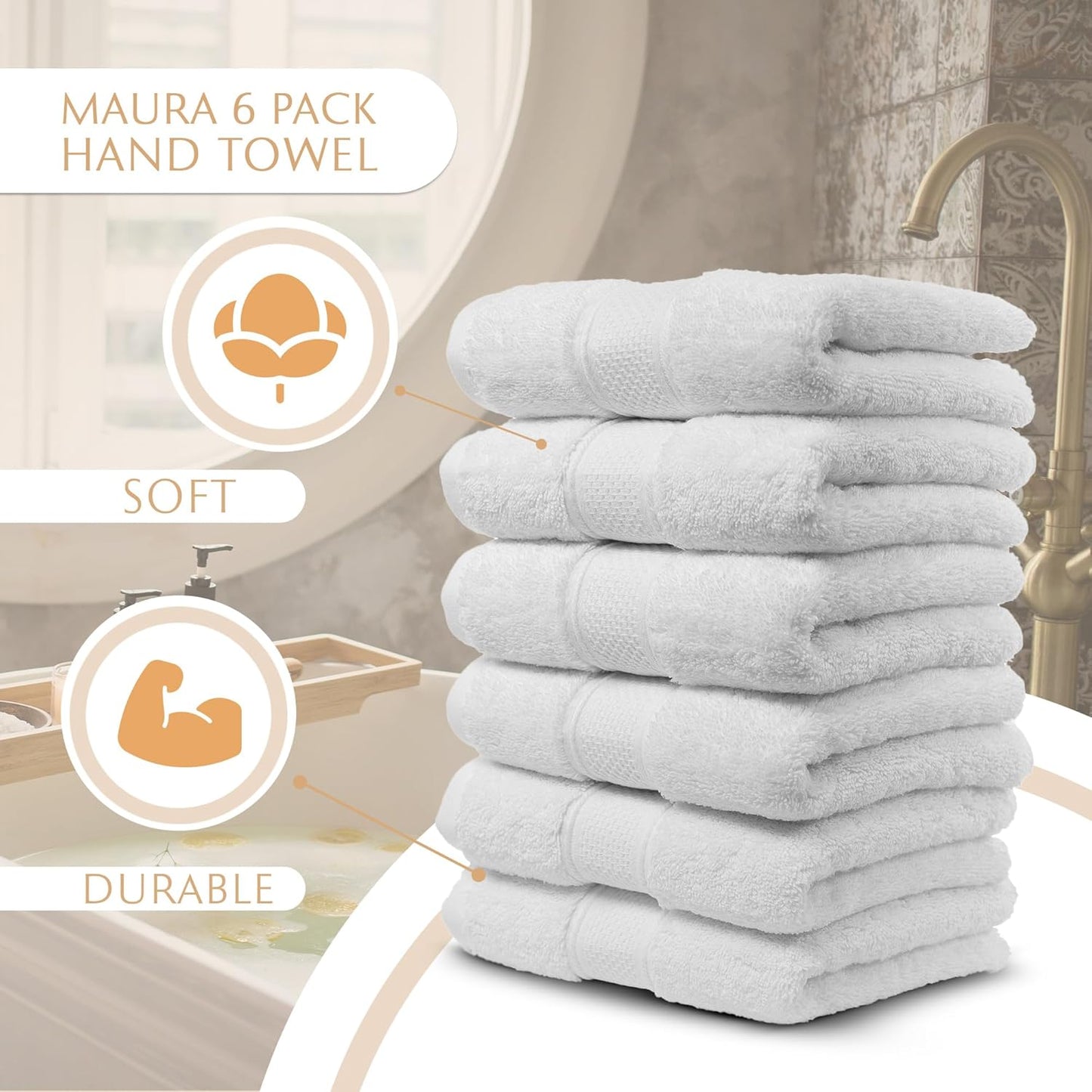 MAURA White Hand Towels for Bathroom. Luxury Turkish Cotton Bath Hand Towels Set of 6. Ultra-Soft, Thick & Plush - White