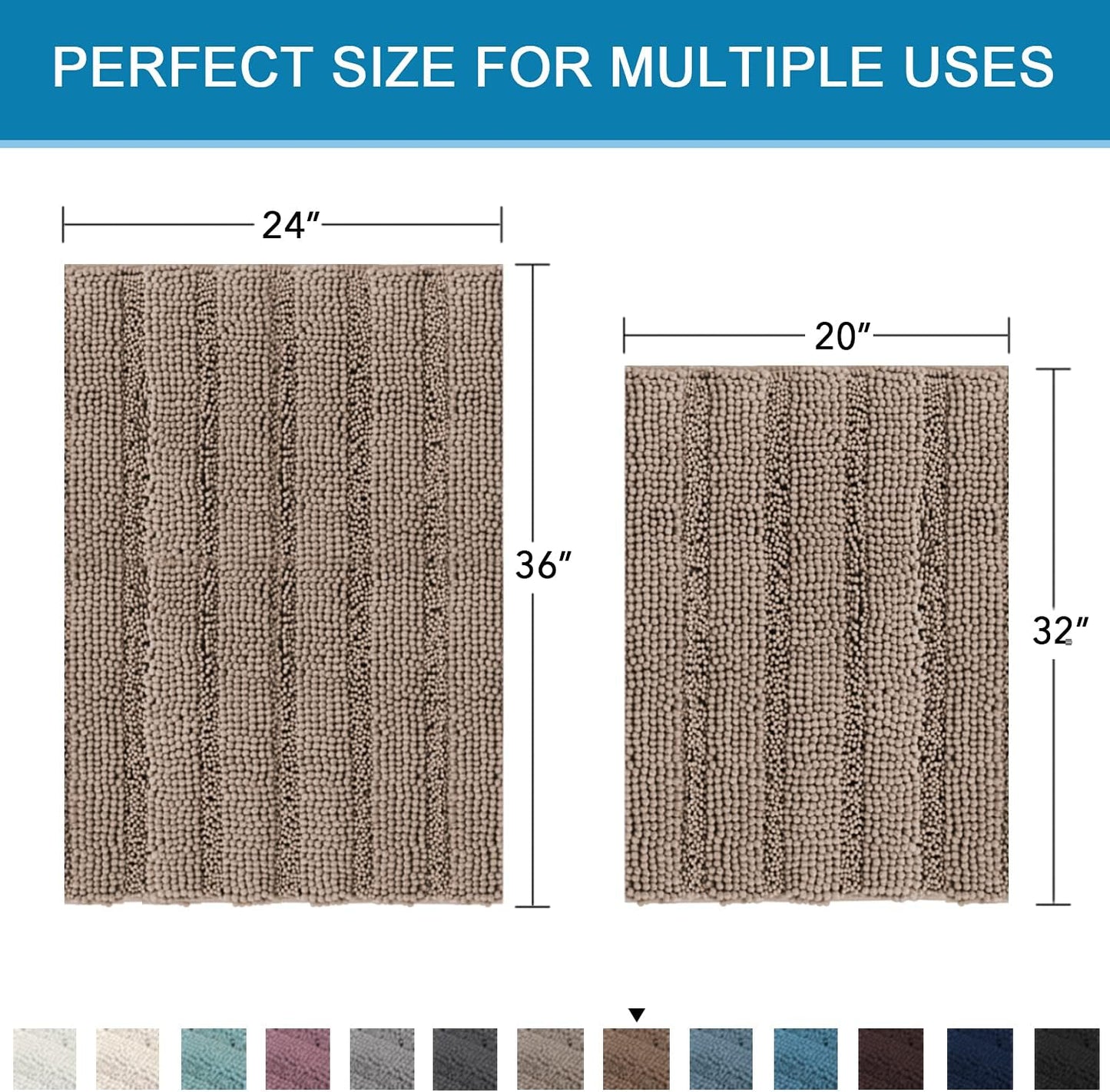 H.VERSAILTEX 2 Piece Bathroom Set - Super Absorbent Chenille Striped Bath Mats, Non Skid, Machine Washable (Taupe Brown, 24 x 36 Plus 20 x 32 - Inches)