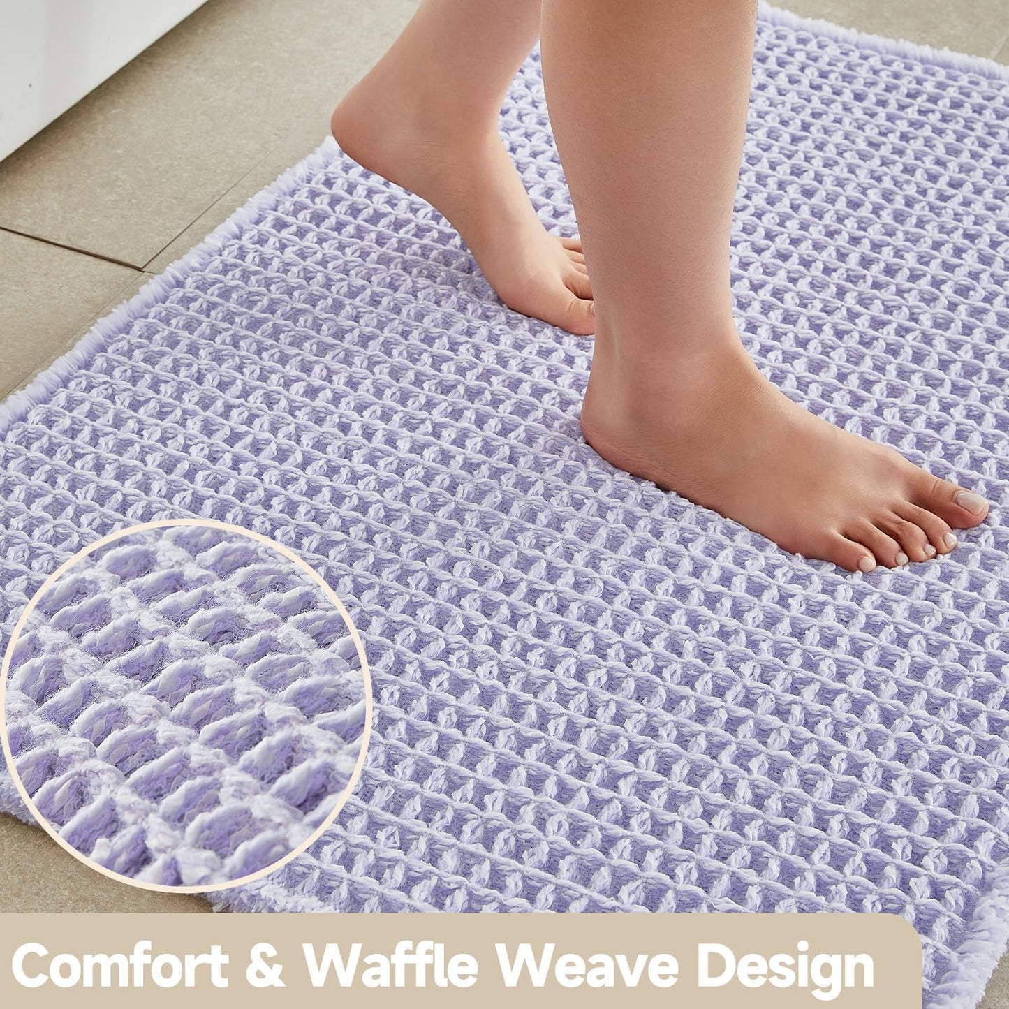 Waffle Bath Mat, Boho Bathroom Rugs Non Slip Washable Super Absorbent Quick Dry Cute Bath Mat Farmhouse Bathroom Decor, 48''x24'' Lavender Cream