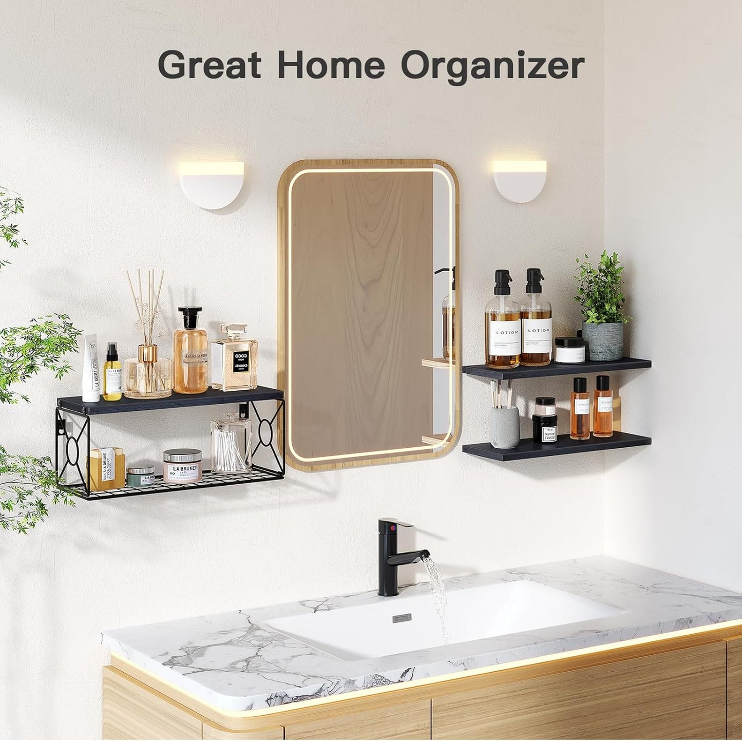 Amada Bathroom Shelves Over Toilet with Storage Basket, Floating Wall Shelves for Home Organization & Wall Decor, Bathroom/Kitchen/Living Room ShelvesBlack