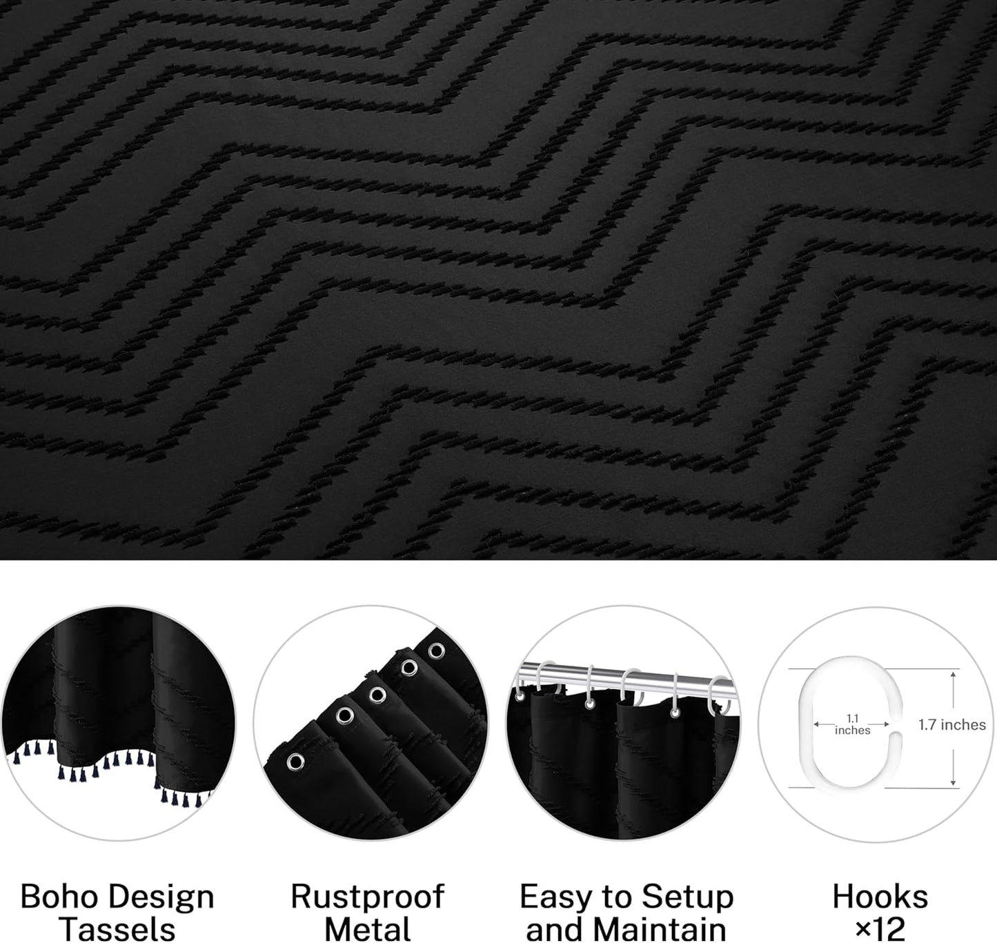 Boho Shower Curtain - Black Tassel Woven Fabric, 60 x 72 Tufted Chevron Striped Textured Modern Farmhouse Minimalist for Bathroom