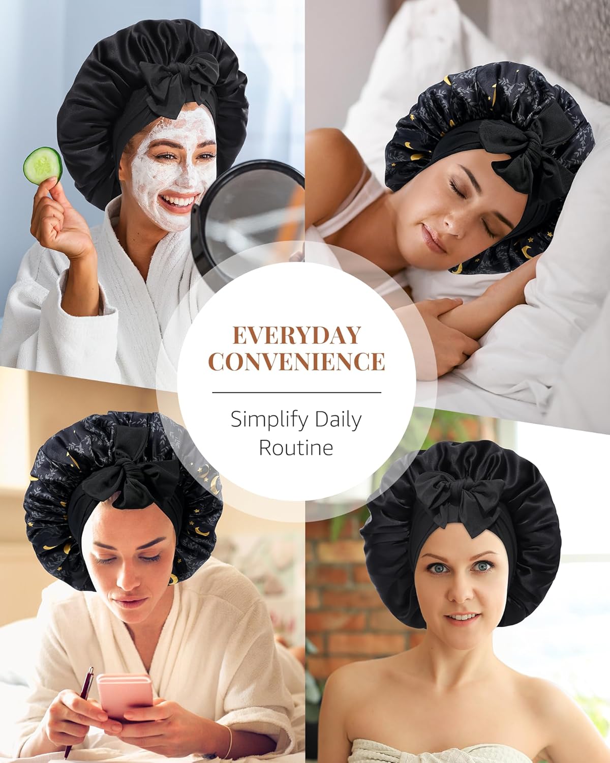 AWAYTR Silk Bonnet for Sleeping Women 100% Mulberry Silk Bonnet with Band 2 Layer Reversible Hair Bonnet Sleeping Hair Wrap (Stars/Black)