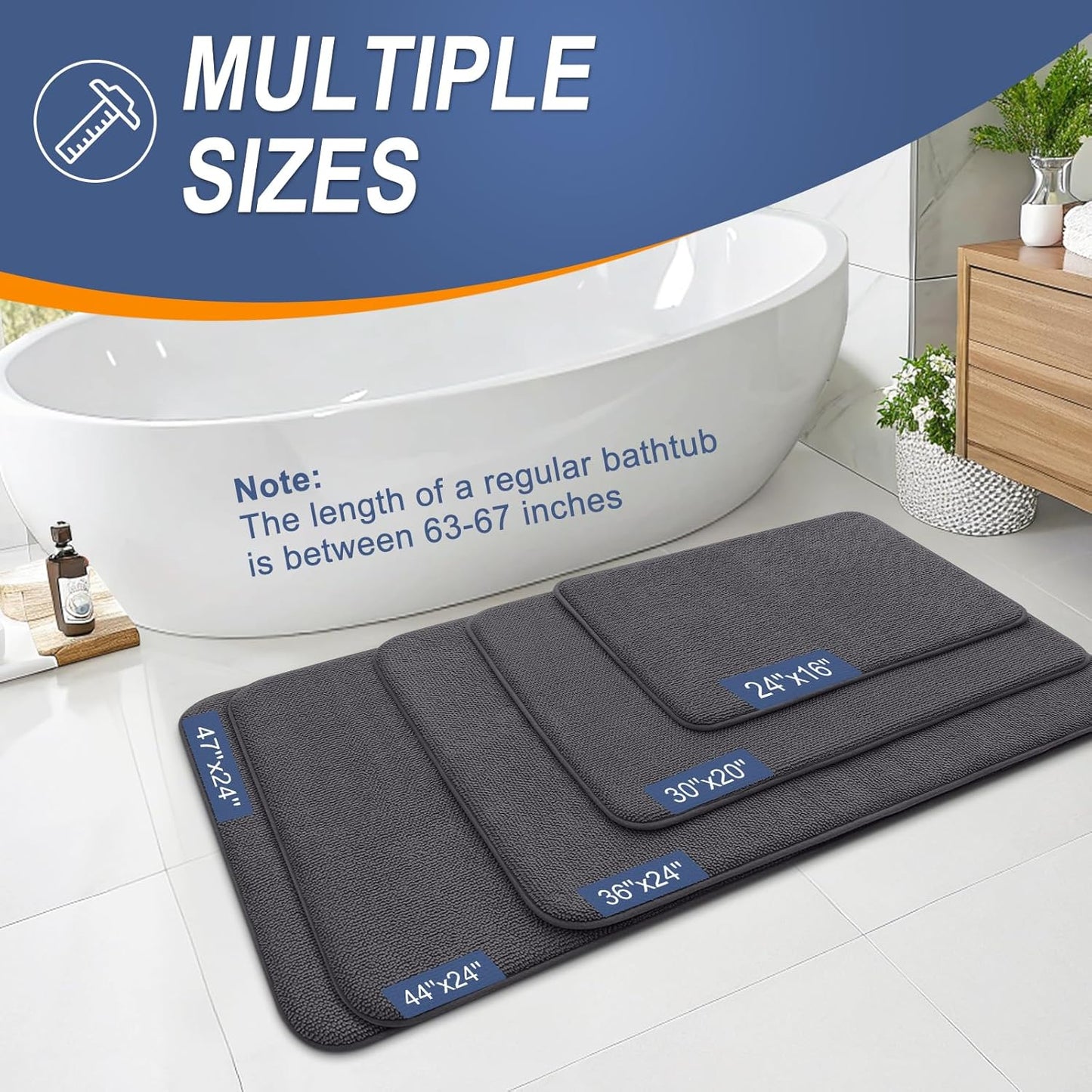 OLANLY Thick Memory Foam Bath Mat Rug 47x17, Extra Soft Absorbent Bathroom Rug, Quick Dry Bath Mats, Non-Slip, Machine Washable Carpet for Bathroom, Tub and Shower, Home Decor Accessories, Dark Grey