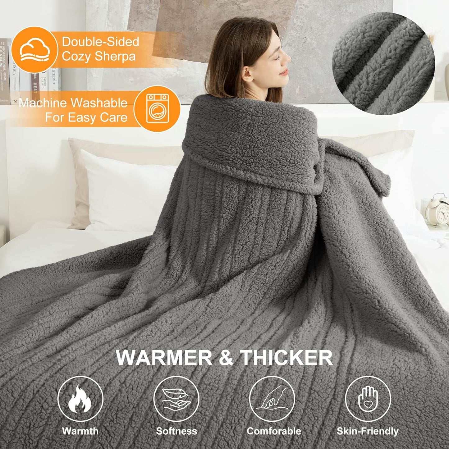 Heated Throw Blanket 50"X60"- Soft Double Sided Sherpa Electric Throw Blanket with 5 Heatings Levels & 4 hrs Auto Shut Off, Overheat Protection & ETL Certified, Gift for Women(Grey)