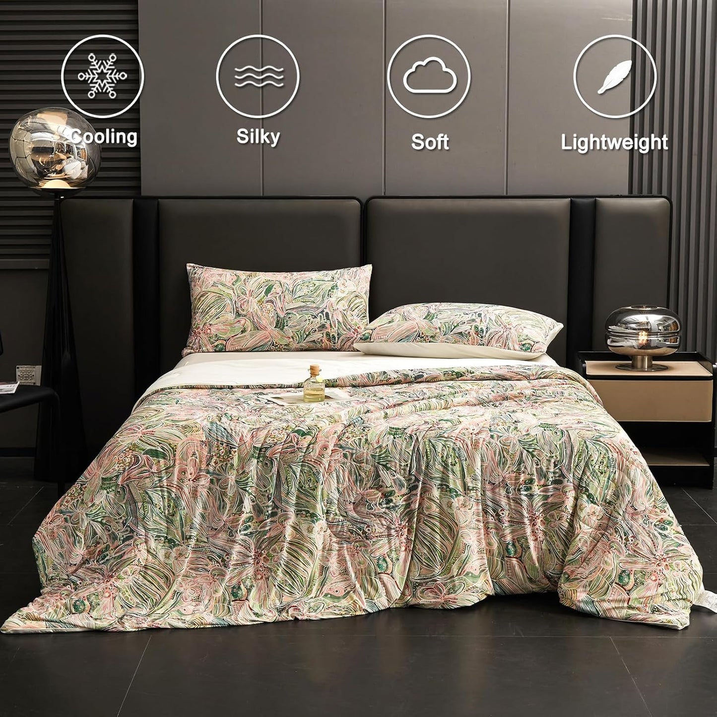 Cyusri Floral Print Cooling Comforter Set 2Pcs Breathable Cool Twin Size Bedding Set with 1 Pillowcase Green Pink Flowers Pattern Silky Cold Quilt, 68"x90"