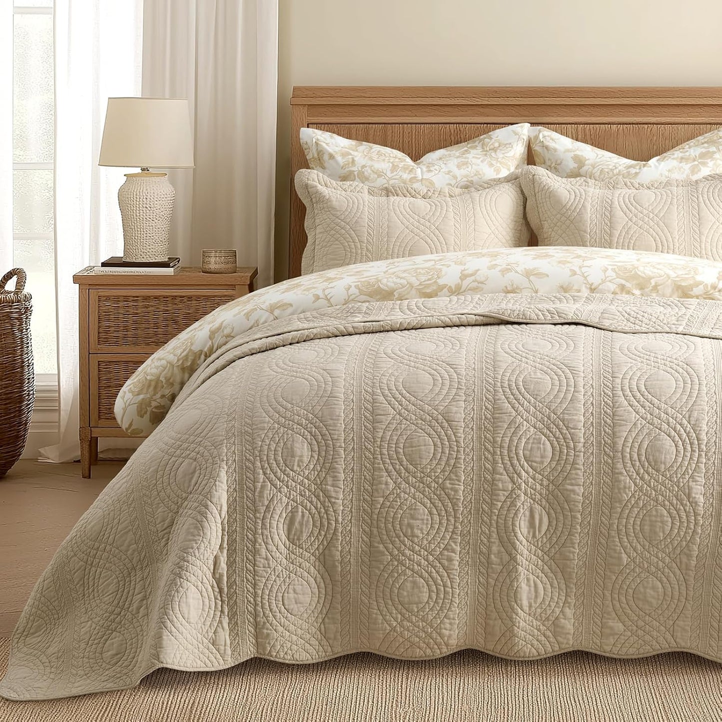 EVERGRACE 100% Cotton Scallop Quilt Set, Queen Size 3 Piece Set – Lightweight Bedspread with 2 Shams, Soft Prewashed Matelasse Coverlet for Cozy and Elegant Bedding, Flax Beige