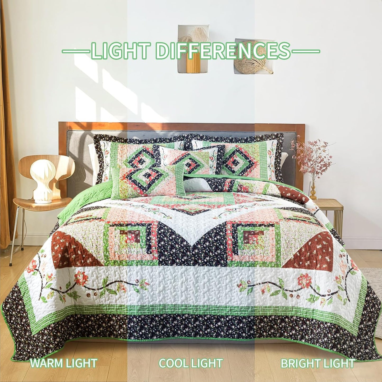 BEDIFANY Queen Size Quilt Set - Lightweight Cotton Filling Bedspread Queen Size (90 x 98 Inch) Coverlet Set - Floral Queen Quilt Bedding Sets for Bed Decorations - All Seasons, 3 Pieces - Green