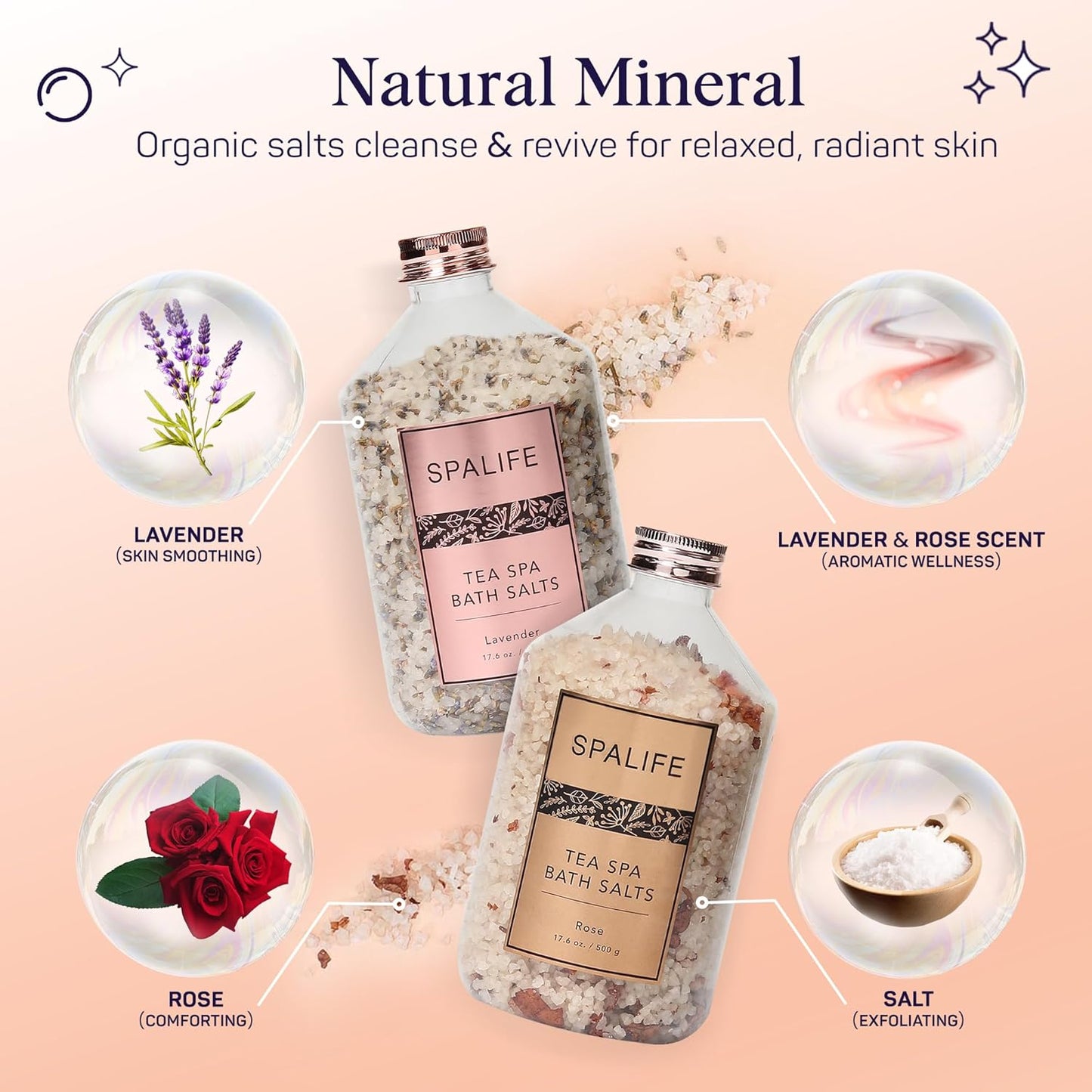 SpaLife Tea Spa Petal-Infused Effervescent Mineral Bath Salts - Lavender & Rose, 2-Pack 17.6 oz. ea for Relaxing Aromatherapy and Soothing Soaks