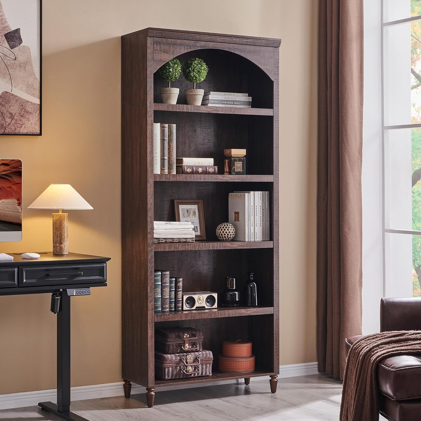 76" Tall Arched Bathroom Storage Cabinet, 5 Tiers Large Farmhouse Arched Cabinet w/Adjustable Shelves, Modern Wooden Storage Cabinet for Bathroom, Living Room, Entryway, Study Room (Brown)