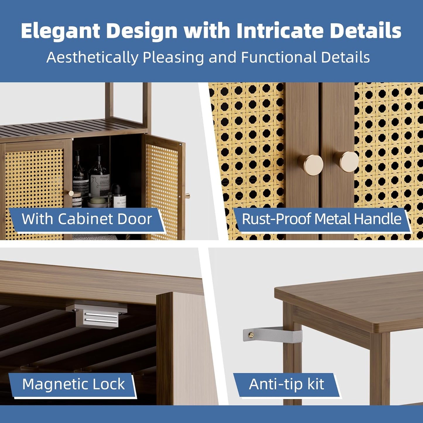 HITNET Rattan Bathroom Floor Cabinet, Freestanding Bamboo Storage Cupboard with 2 Doors, Living Room Sideboard, Space Saving, Walnut