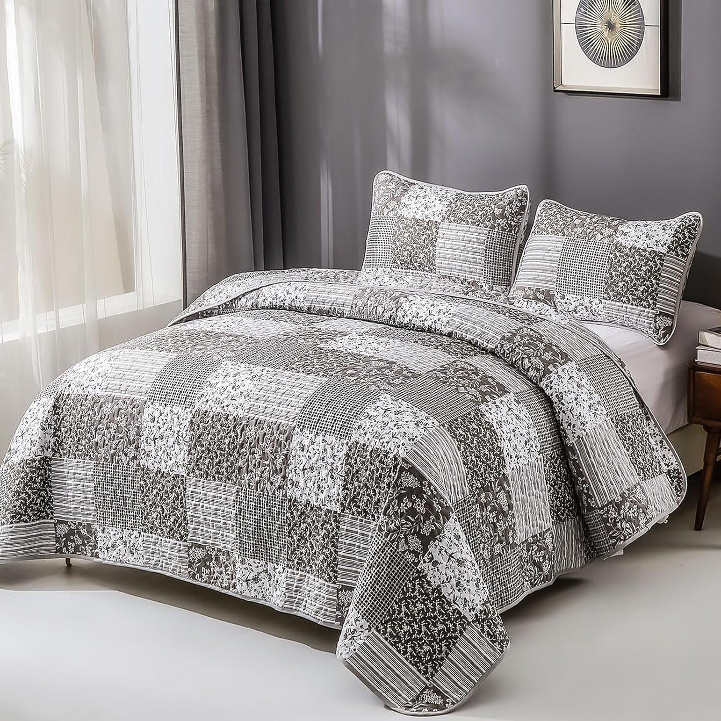 Mybedsoul Grey Boho Quilt Set King Size,3 Pieces Plaid Floral Bedspread Coverlet Set for All Season,Patchwork Reversible Bedding Set King 90"x104"