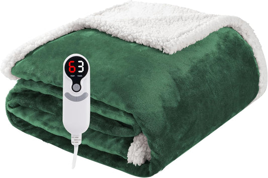 Electric Heated Blanket Throw Size 50"x60", Soft Flannel with Overheat Protection, 6 Adjustable Heat Settings & 3-Hour Auto-Off Timer, Fast Heating for Winter Comfort, Dark Green