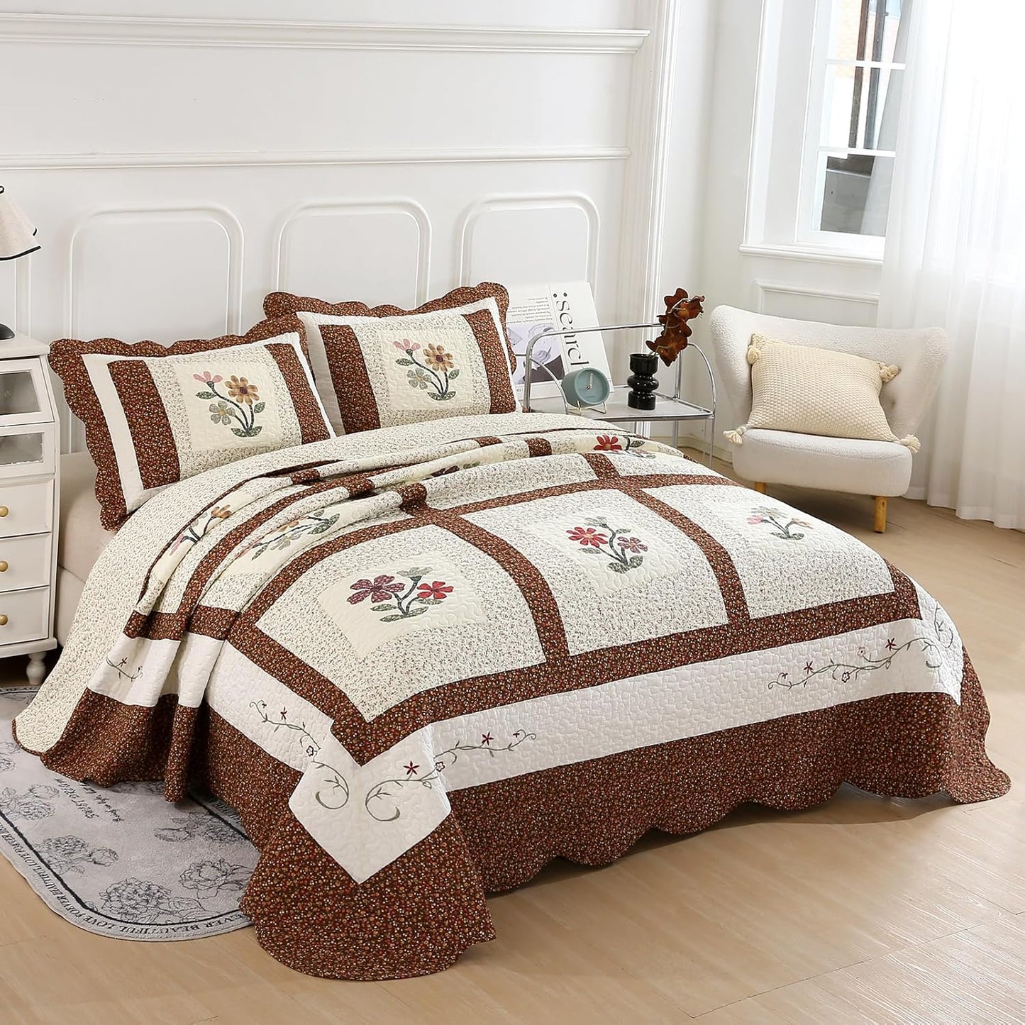 vctops 3 Piece Embroidered Floral Quilted Bedspread Quilt Set 100% Cotton Reversible Patchwork Coverlet Set 1 Quilt and 2 Pillow Shams (Coffee,Queen)