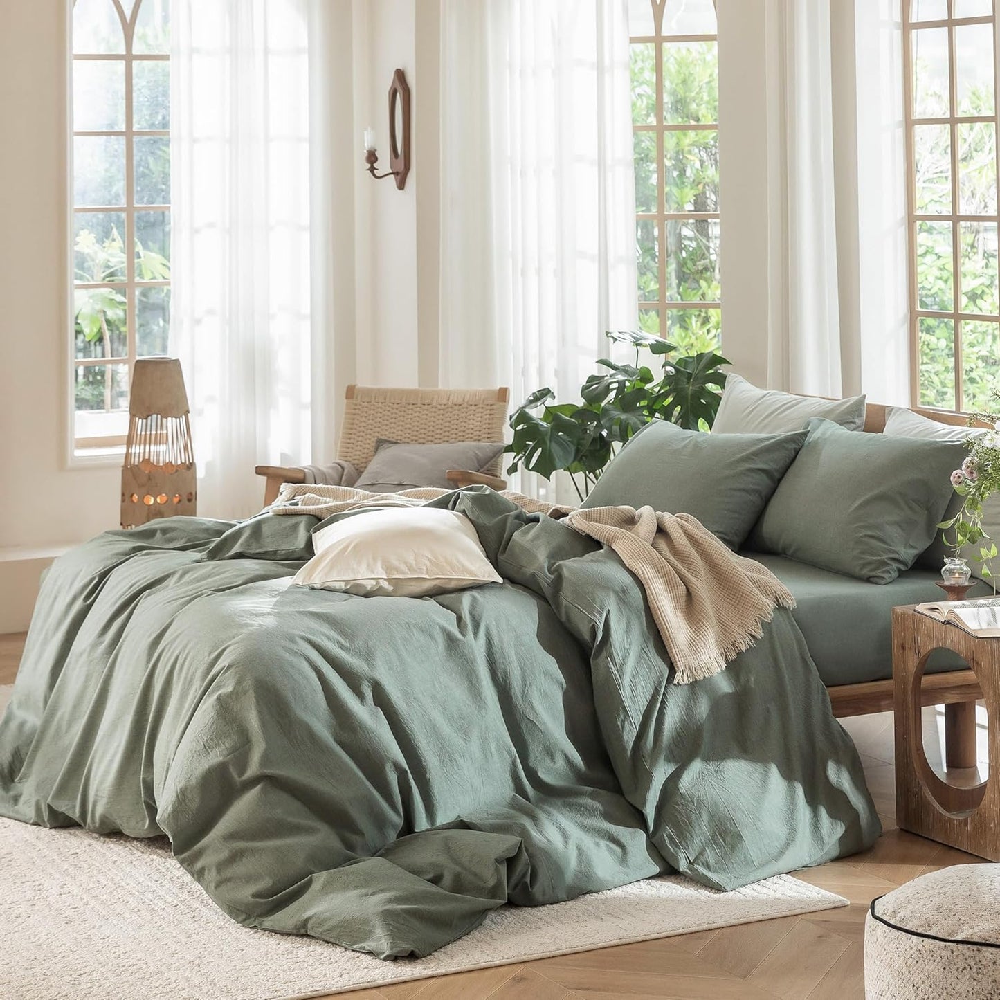 MooMee Bedding Duvet Cover Set 100% Washed Cotton Linen Like Textured Breathable Durable Soft Comfy (Heathered Green, Oversized Full 82"x86")