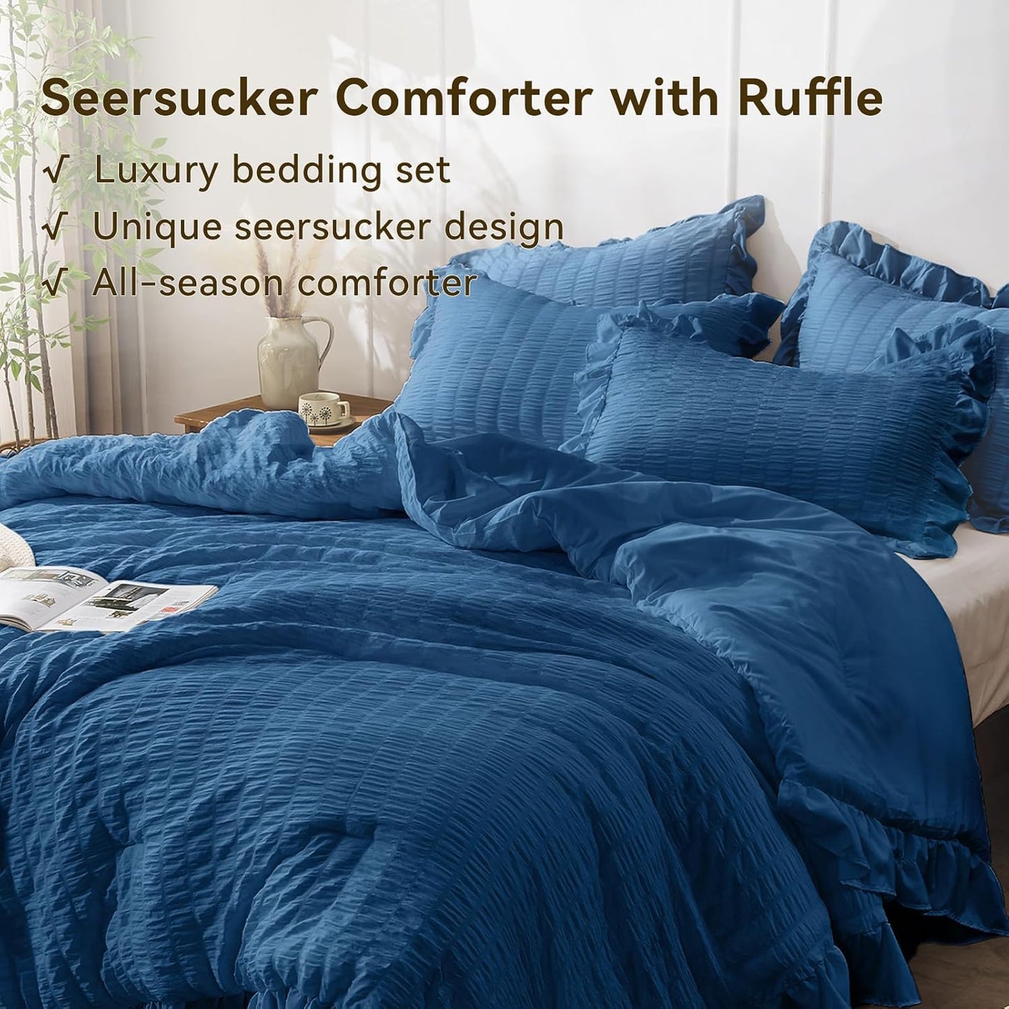JOLLYVOGUE Teal King Comforter Set, 3 Pieces Seersucker Comforters King Size, Lightweight & Fluffy Bedding Sets King for All Season with 1 Ruffle Comforter and 2 Ruffle Pillowshams