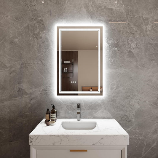 Bathroom Mirror with Lights 24"X36" with Front Light and Backlit, Tempered Glass, Wall Mount Horizontal/Vertical, Stepless Dimmable, 3 Colors, Anti Fog, Bathroom Memory LED Mirror