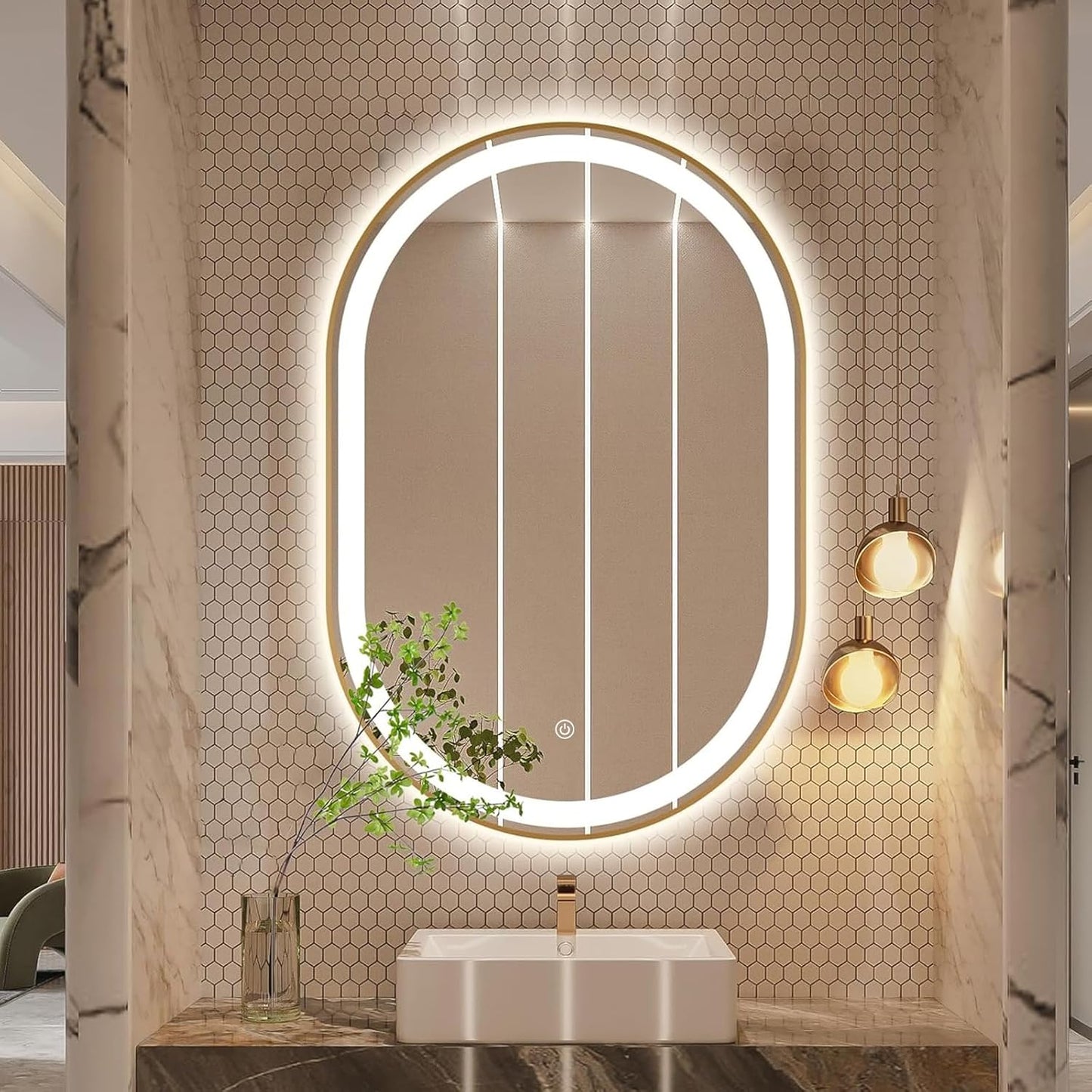 Oval LED Bathroom Mirror, 36"x24" Lighted Wall Mounted Vanity Mirror with Metal Frame, Anti-Fog IP66 Waterproof Smart Mirror, Memory Function, (Horizontal or Vertical), Gold