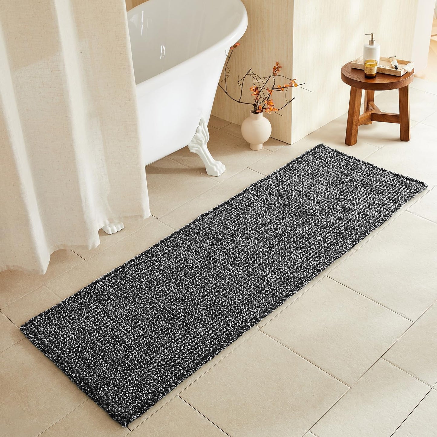 Black and White Bathroom Rugs, Waffle Runner Rug Bathroom Non Slip Washable Long Super Absorbent Quick Dry Boho Farmhouse Bath Decor, 72"x24" Black and White