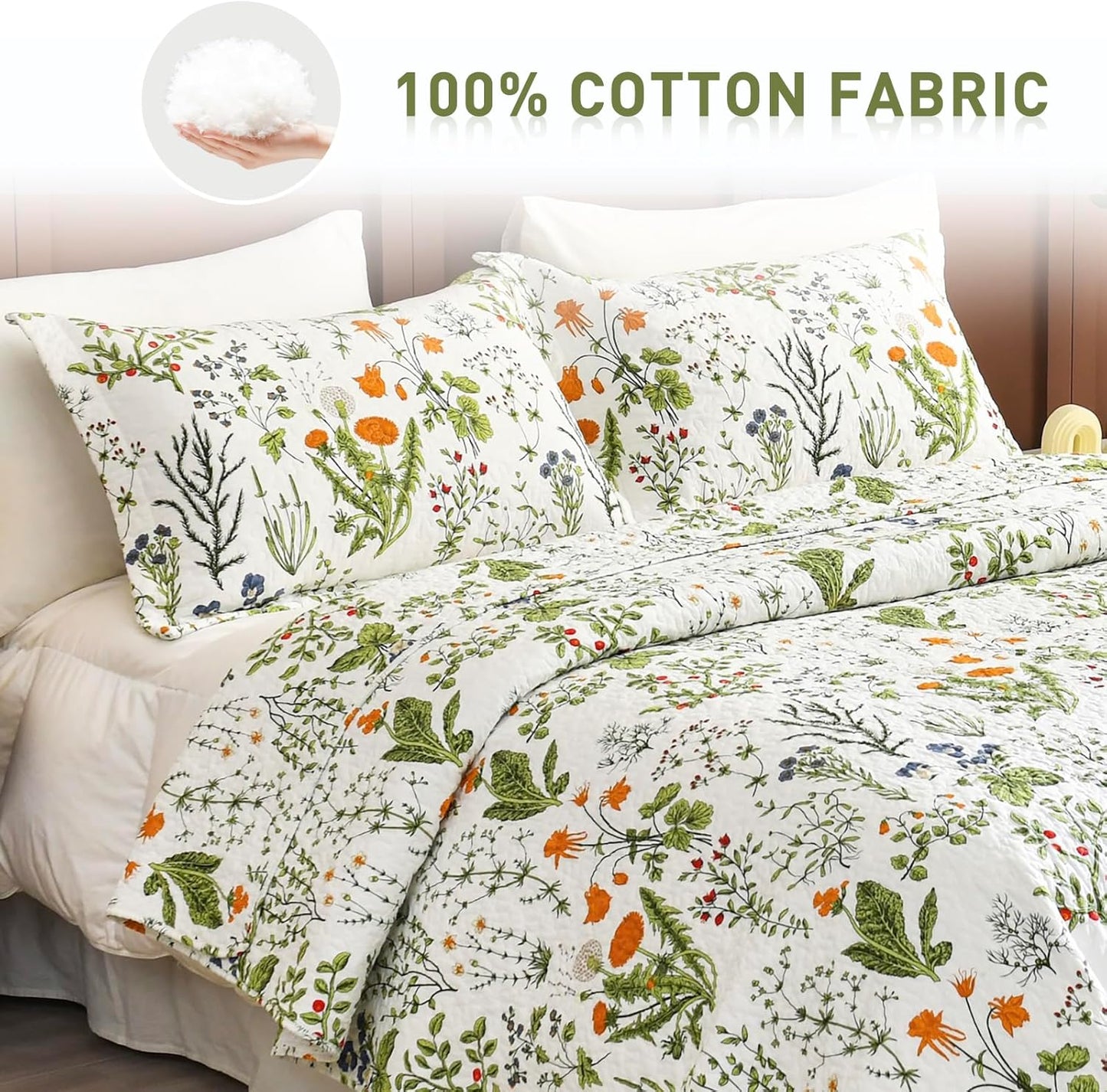Lady Ann 100% Cotton Floral Oversized Queen Quilt Set - Yellow Flowers & Leaves Pattern Plant Botanical Printed Quilted 102x118 Bedspread & Coverlet Set, 3 PCS Lightweight Bedding Sets All Season