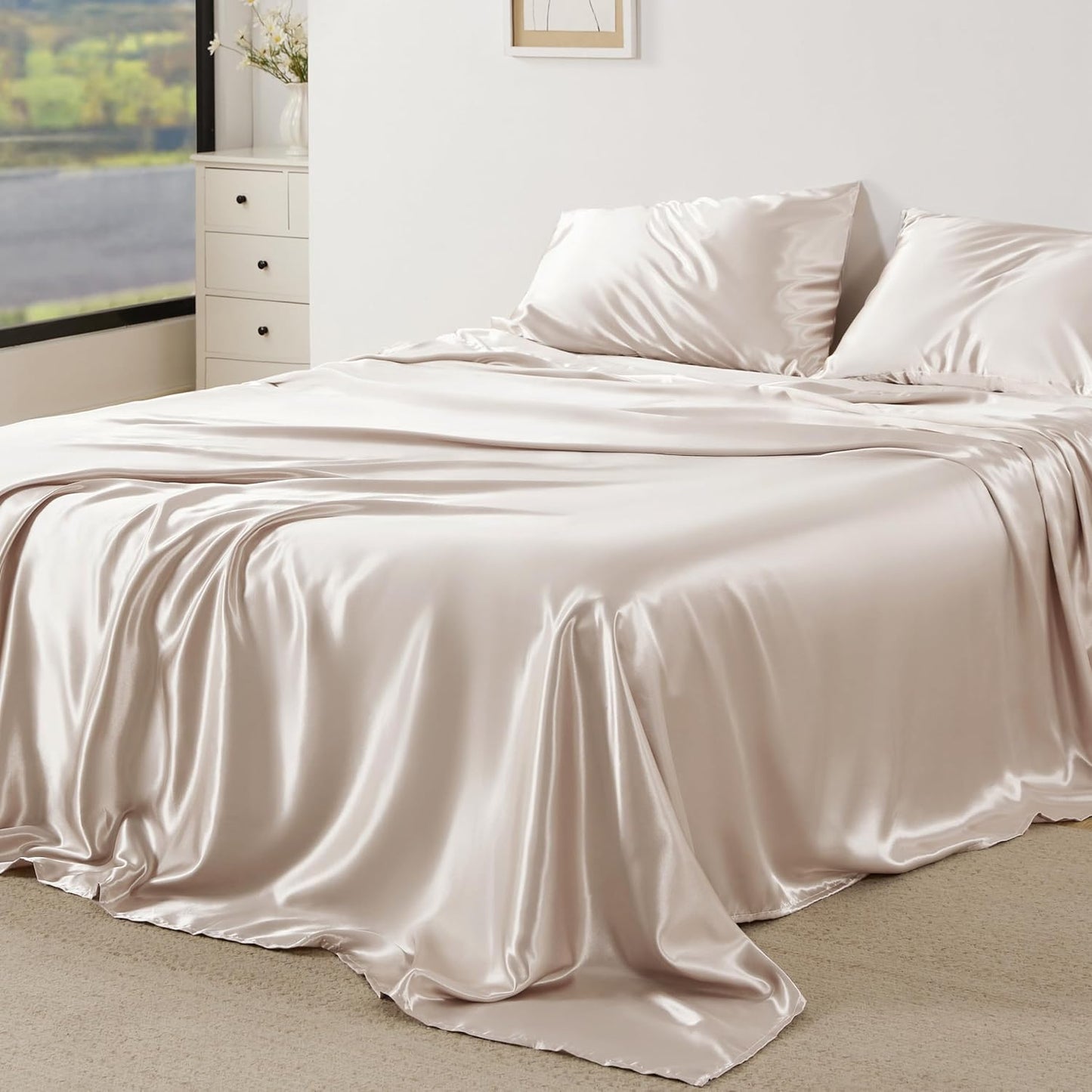 Bedsure Satin Sheets Queen Size - 4 Piece Silky Bedsheets with 15 Inches Deep Pocket Fitted Bedsheet,1 Flat Sheet, 2 Satin Pillowcases, Good for Hair & Skin (Queen, Beige)