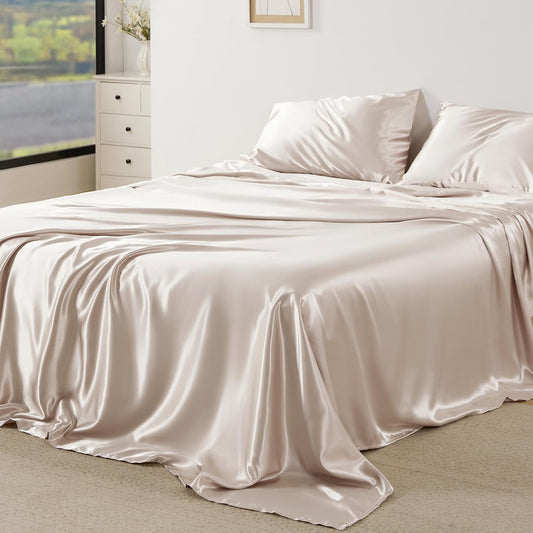 Bedsure Satin Sheets Queen Size - 4 Piece Silky Bedsheets with 15 Inches Deep Pocket Fitted Bedsheet,1 Flat Sheet, 2 Satin Pillowcases, Good for Hair & Skin (Queen, Beige)