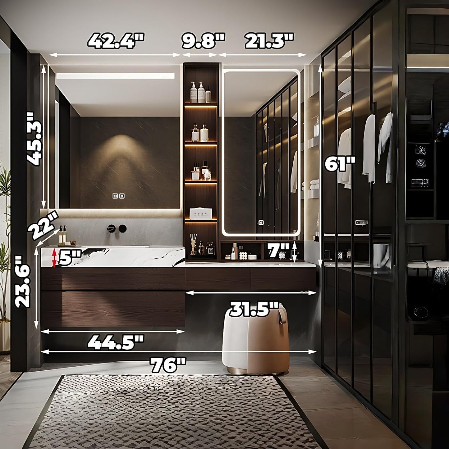 Bathroom Vanity with Sink - Luxury Bathroom Sink Cabinet, Floating Vanity with Smart Defogging Mirror & Storage Drawer, Multi-Layer Solid Wood Panel - Complete Accessories (76")