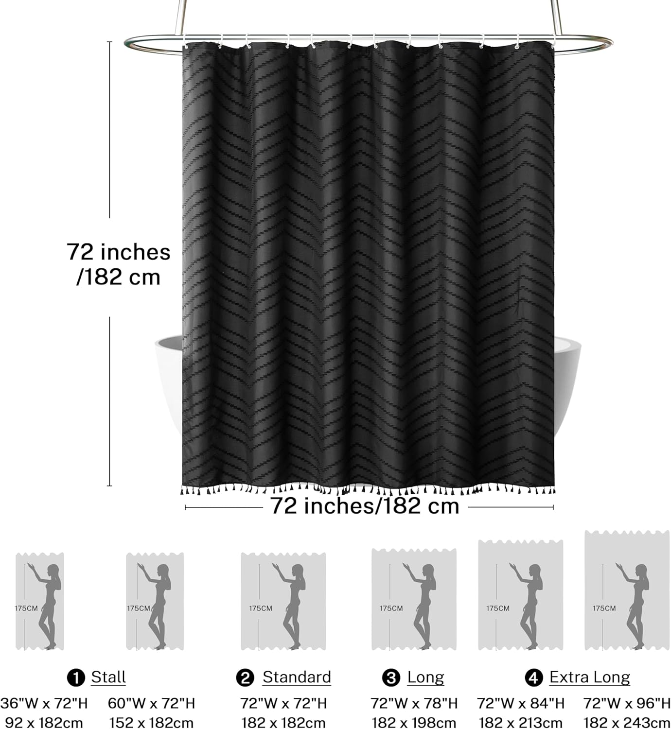 Black Boho Shower Curtain Fabric Dark Shower Curtain for Bathroom Tufted Chevron Striped Modern Shower Curtains, 72 x 72