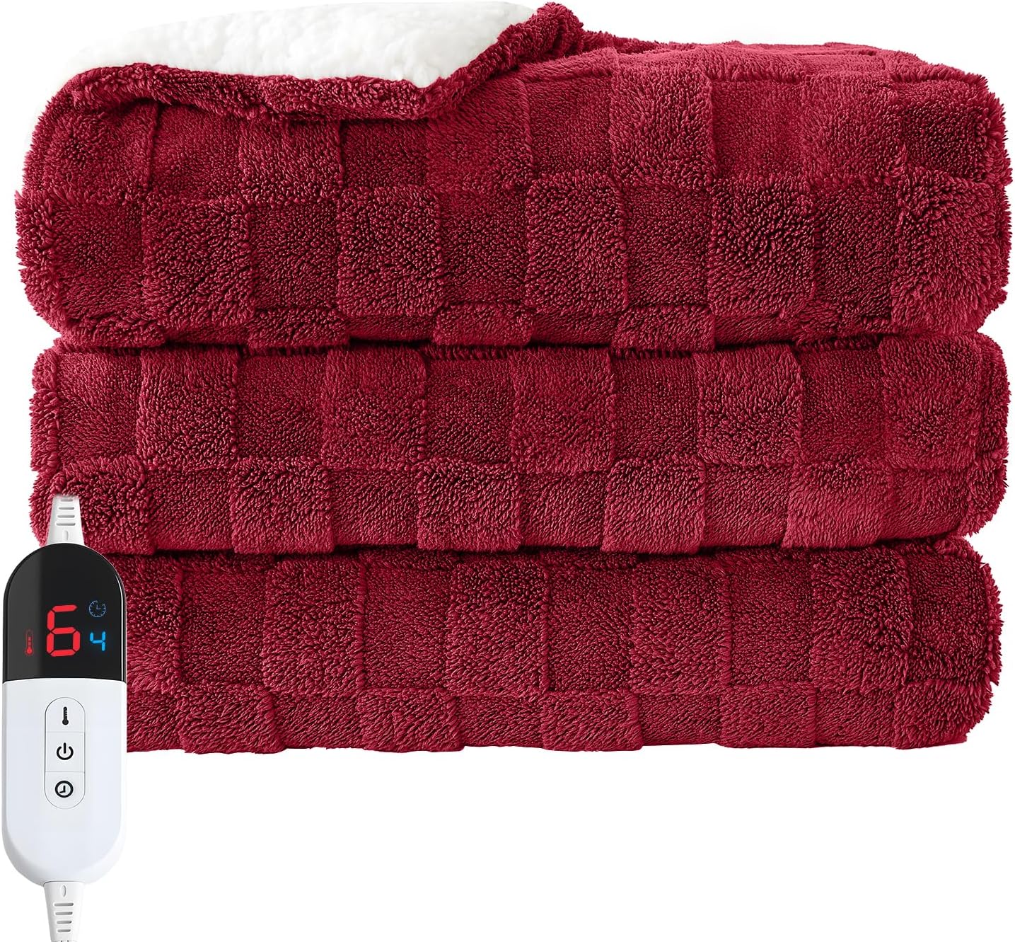 Electric Heated Throw Blanket - Jacquard Checkered Sherpa 50"x60" Fast Heating Bed Blankets with 6 Heating Levels & 4 Hours Auto Off, Over-Heat Protection ETL, Red
