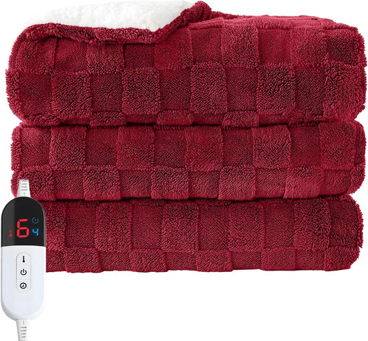 Electric Heated Throw Blanket - Jacquard Checkered Sherpa 50"x60" Fast Heating Bed Blankets with 6 Heating Levels & 4 Hours Auto Off, Over-Heat Protection ETL, Red